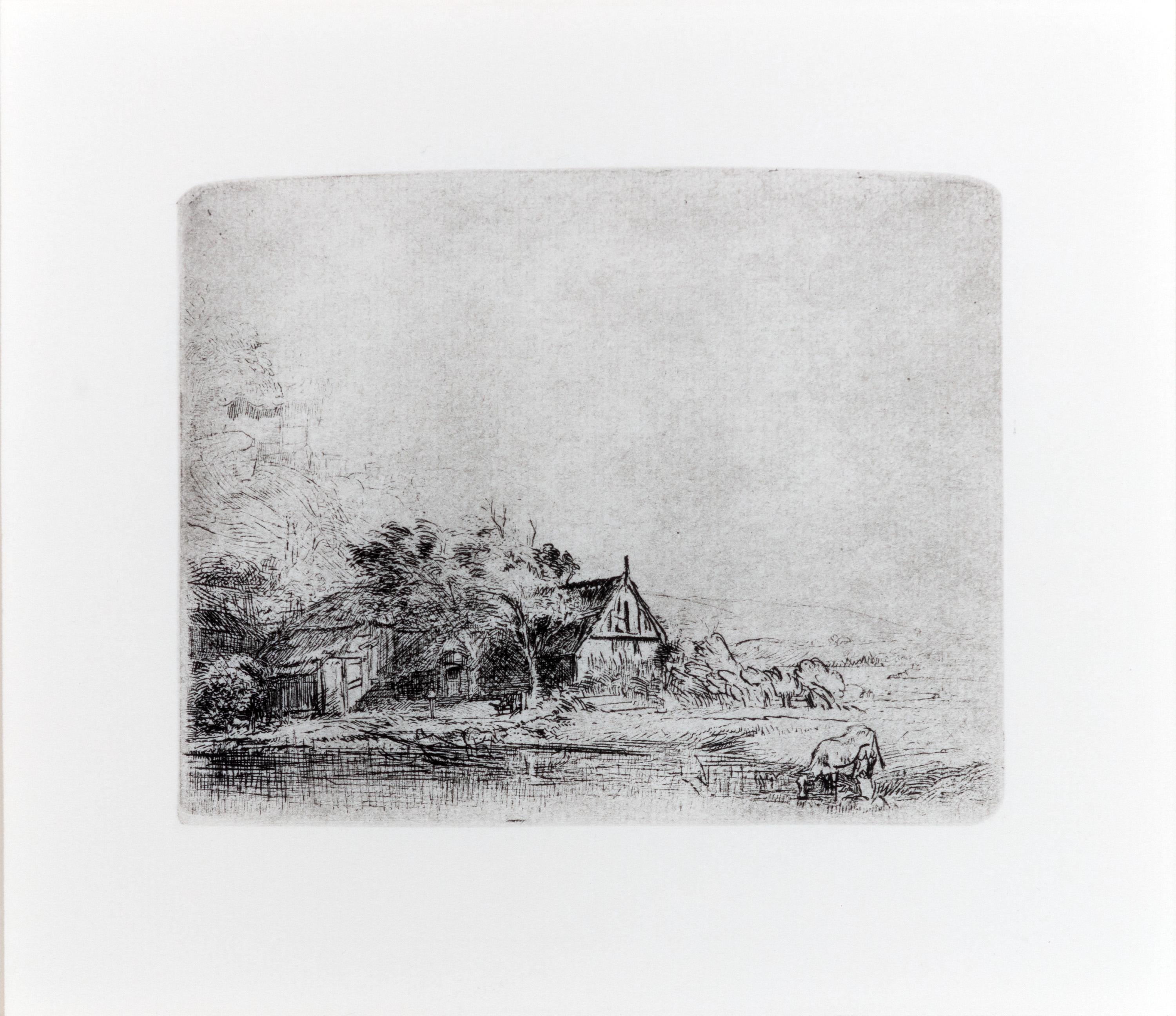 17th century etching Rembrandt landscape house trees field sky cow - Print by Rembrandt van Rijn