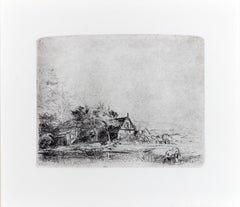 17th century etching Rembrandt landscape house trees field sky cow