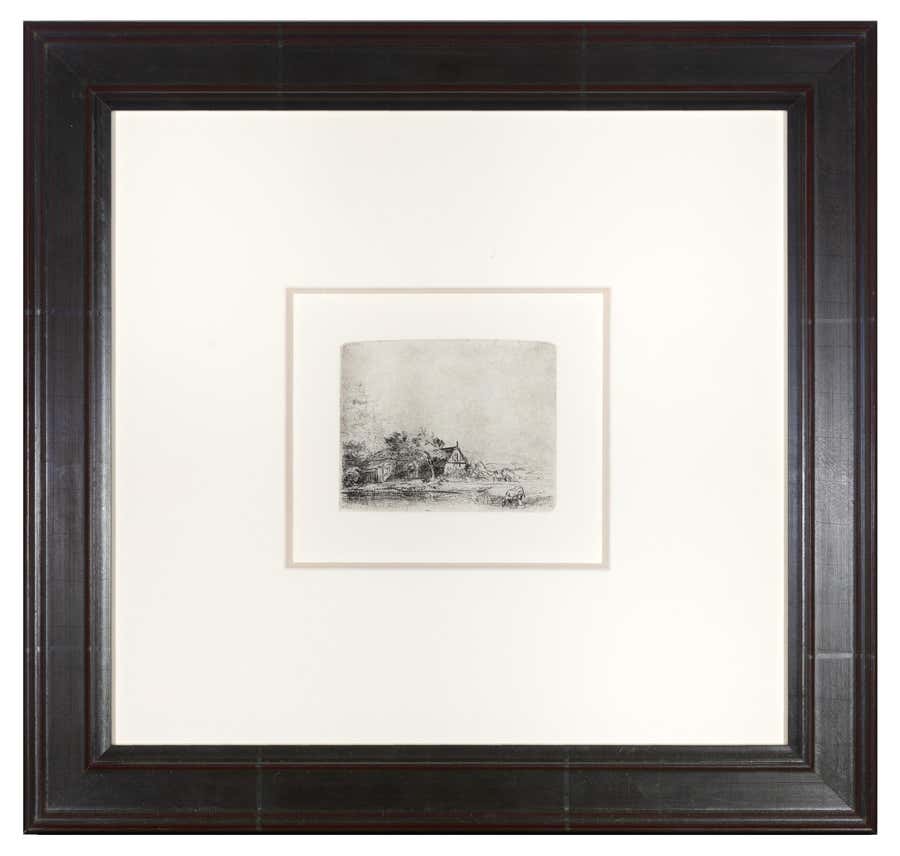 17th century etching Rembrandt landscape house trees field sky cow