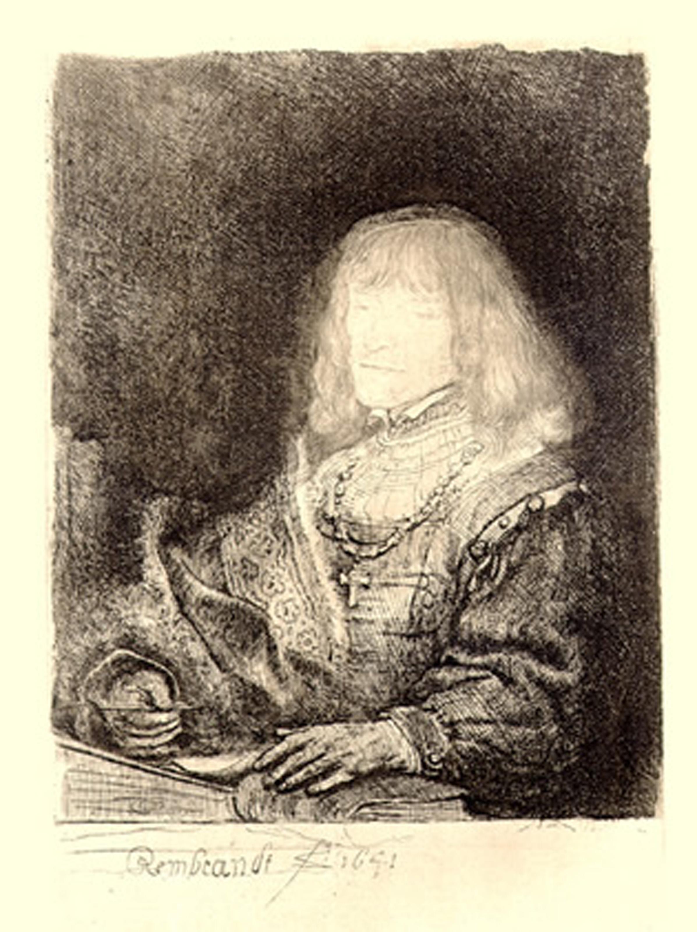  Rembrandt van Rijn, After by Amand Durand, Dutch (1606 - 1669) - Man at a Desk Wearing a Cross and Chain, Year: Of Original 1641, Medium: Etching, Image Size: 6.25 x 4 inches, Size: 14  x 10.5 in. (35.56  x 26.67 cm), Printer: Amand Durand,