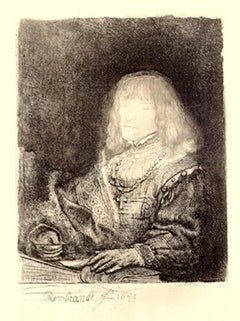 Mann an einem Schreibtisch mit Kreuz und Kette, Radierung von Rembrandt van Rijn