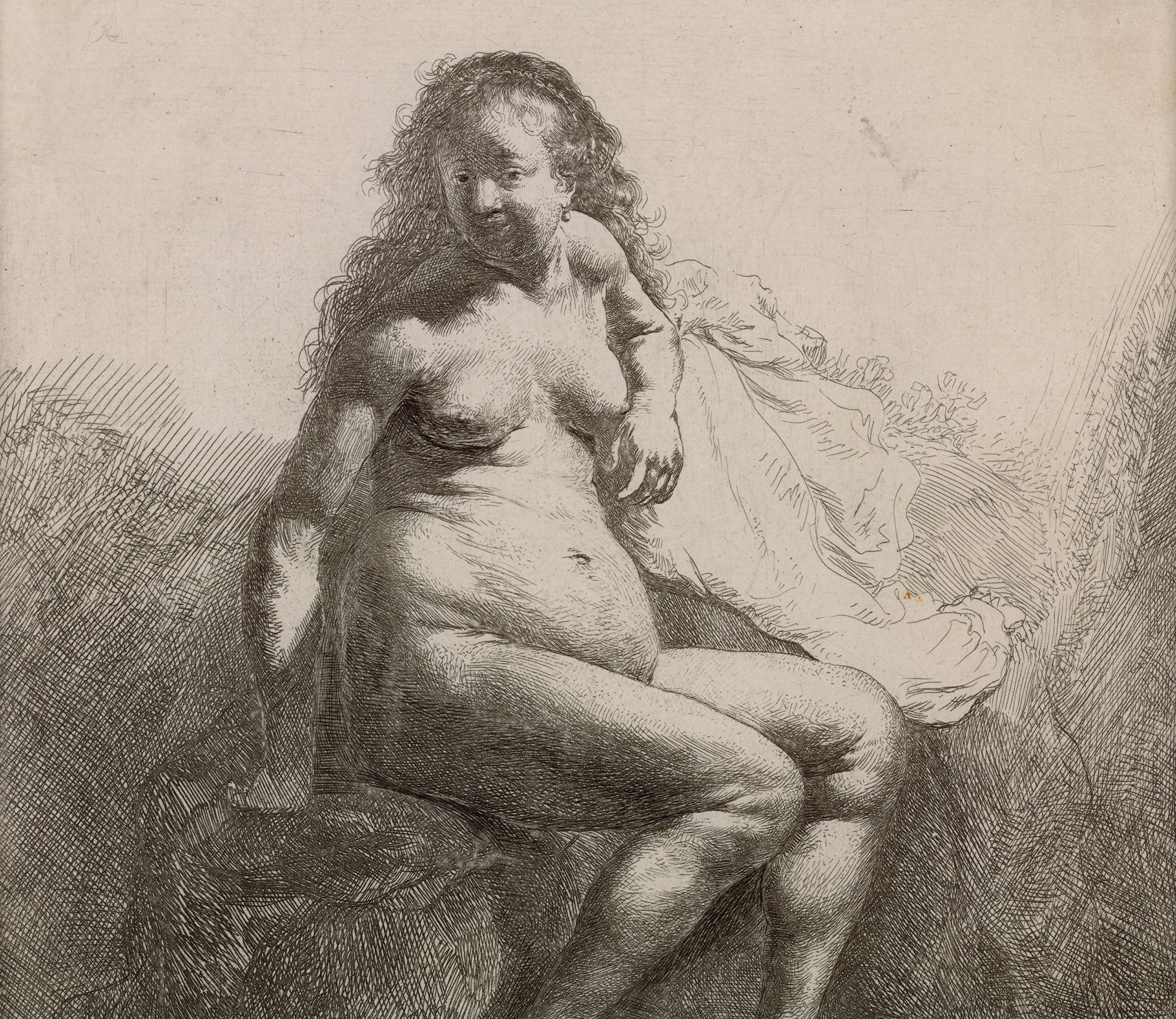 Mujer desnuda sobre un montículo de Rembrandt van Rijn en venta 2