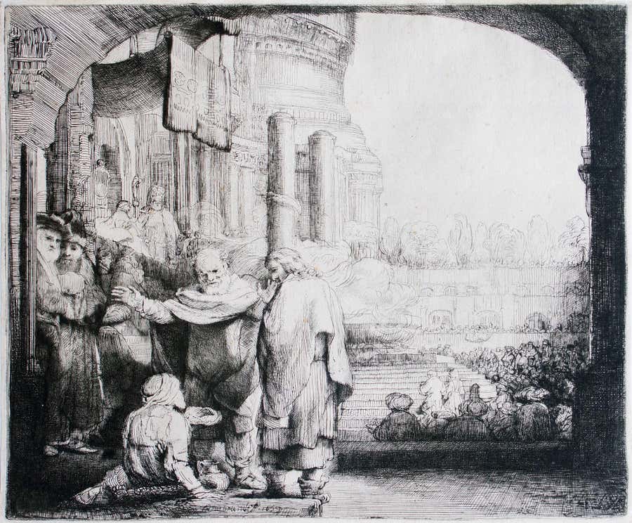 Peter and John Healing the Cripple at the Gate... - Etching by Rembrandt - 1659