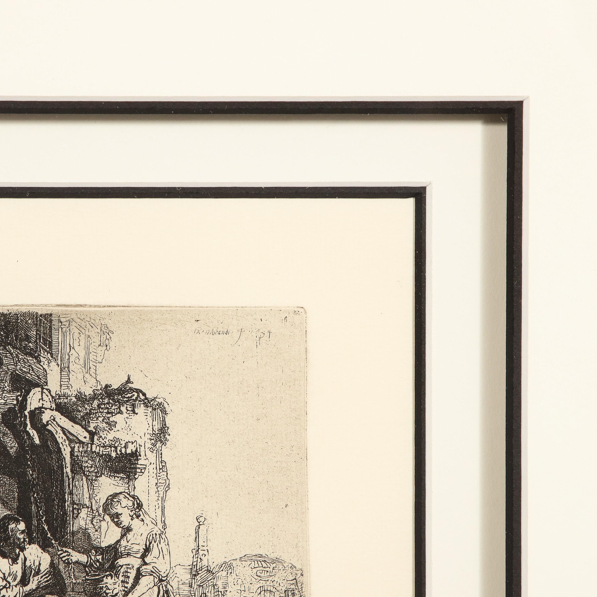 This stunning etching was realized by the baroque master Rembrandt van Rijs in Holland, 1634. The composition pictures Jesus Christ with a hand outstretched, identified with his long flowing locks, donning a robe with a his hand outstretched as he