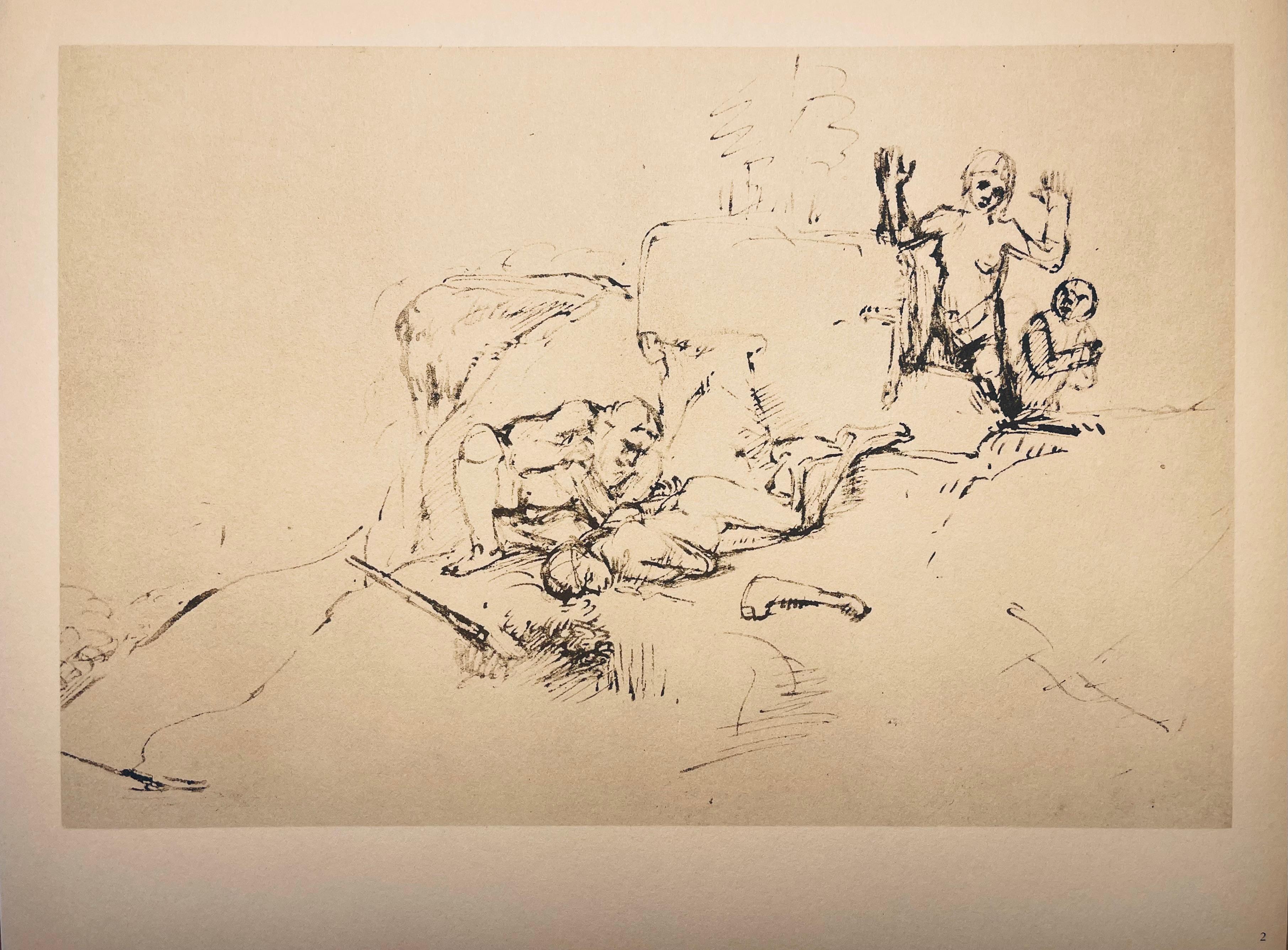 Medium: Lithograph on vélin Hamilton Kilmory paper
Year: 1947
Paper Size: 9.5 x 12.5 inches
Inscription: Unsigned and unnumbered, as issued
Notes: From the folio, Rembrandt, Drawings from the Bible, 1947. Published and printed by Schocken Books,