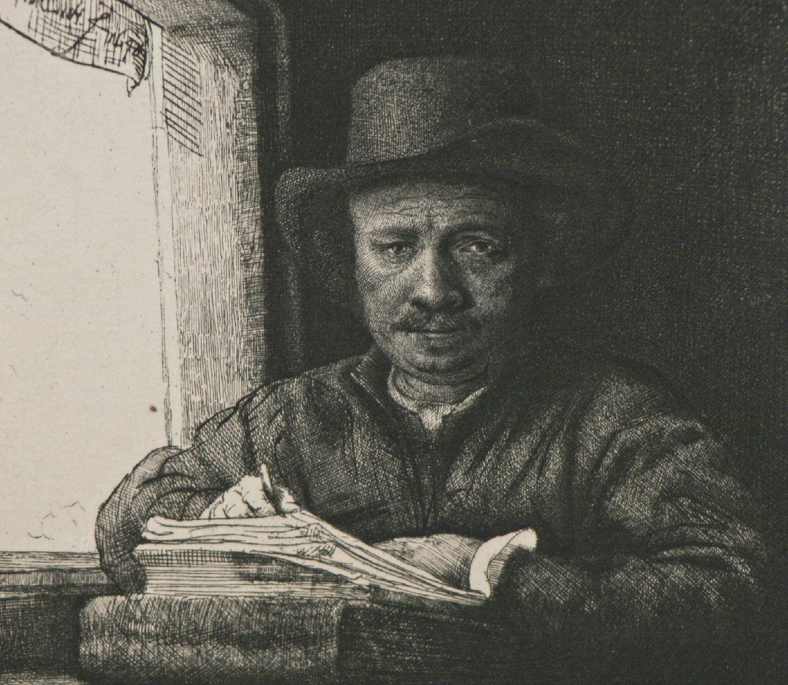 Rembrandt „Selbstporträt-Zeichnung an einem Fenster“  Restrike Radierung 6 1/4 Zollx5 – Print von Rembrandt van Rijn