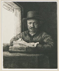Rembrandt "Self-Portrait Drawing at a Window"  Restrike Etching 6 1/4"x5"