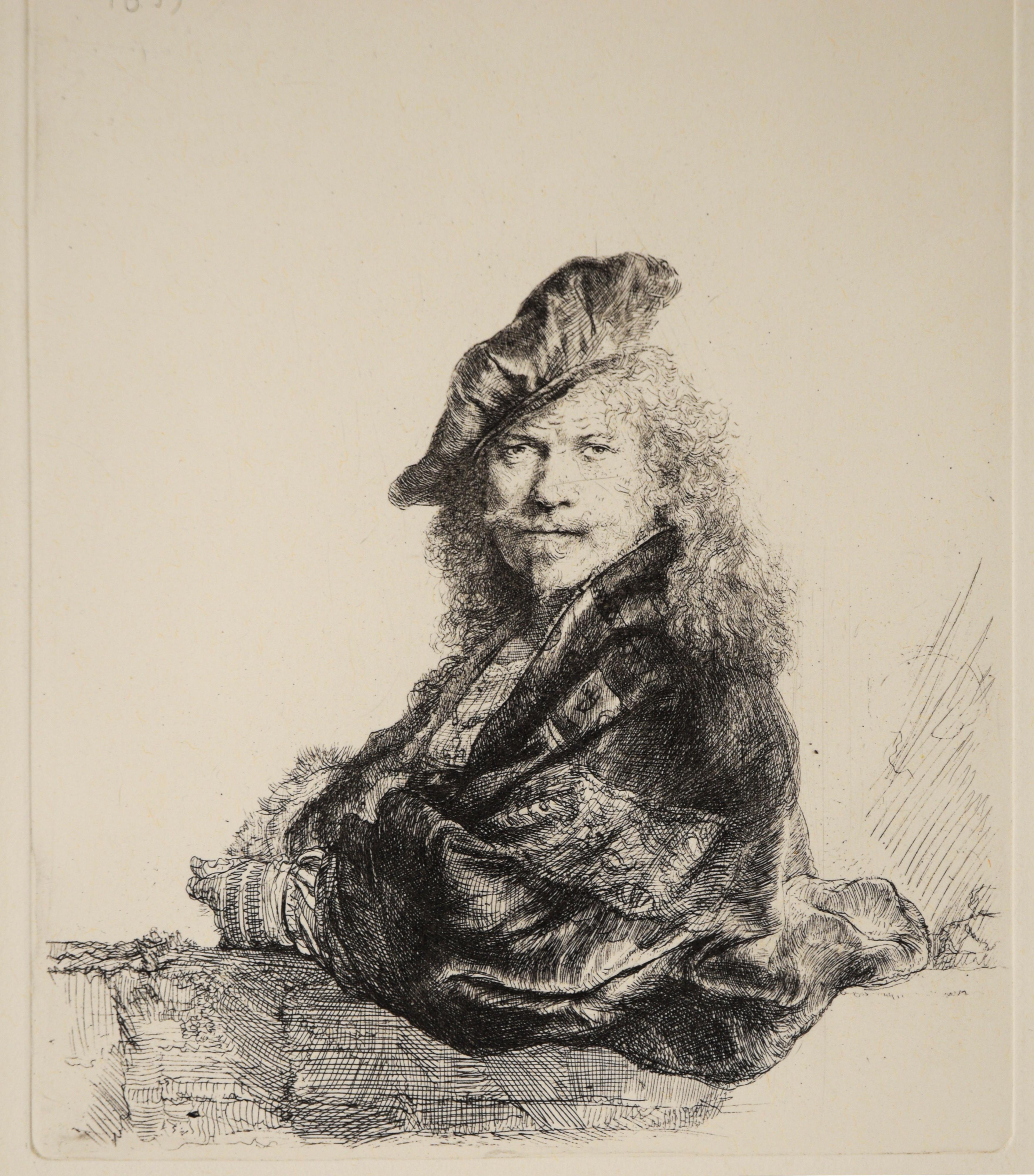 Rembrandt van Rijn Self Portrait Leaning on a Stone Sill - Etching on Laid Paper 1