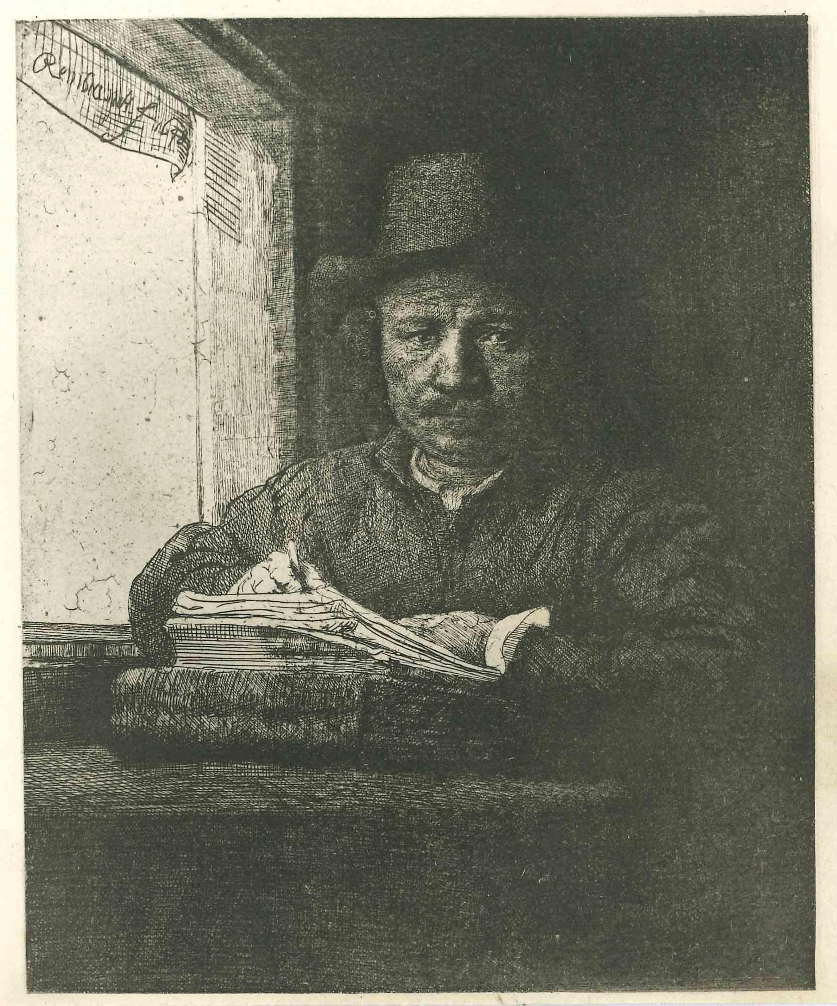 Rembrandt van Rijn Figurative Print - Rembrandt While Drawing II (Self -Portrait) After Rembrandt-Late 19th Century