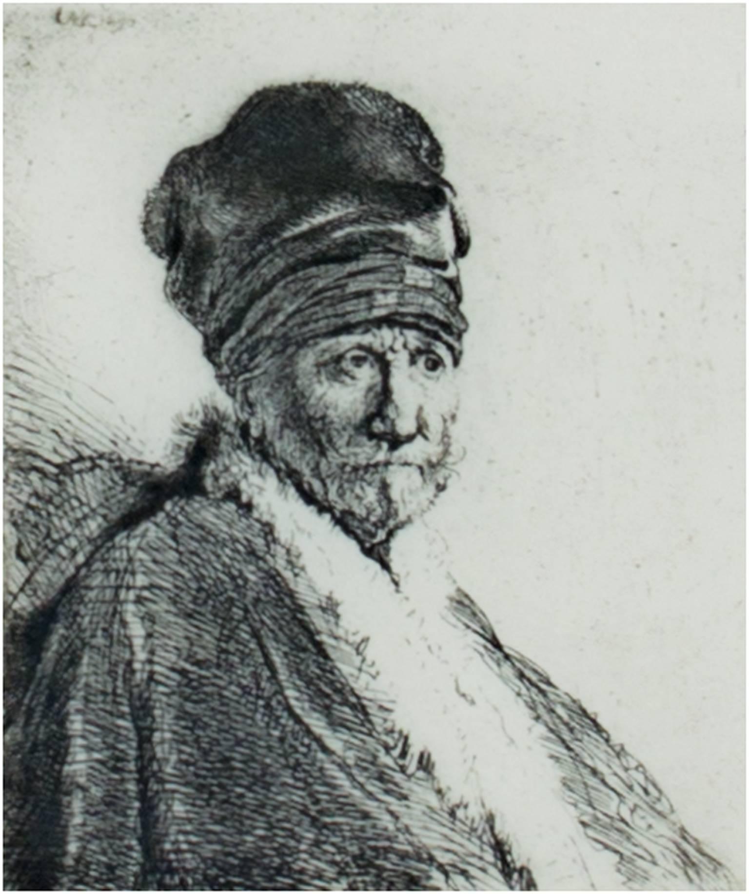 Rembrandt van Rijn Portrait Print - "Rembrandt's Father Wearing a High Cap, " Original Etching by Rembrandt