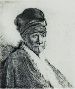 "Rembrandt's Father Wearing a High Cap, " Original Etching by Rembrandt