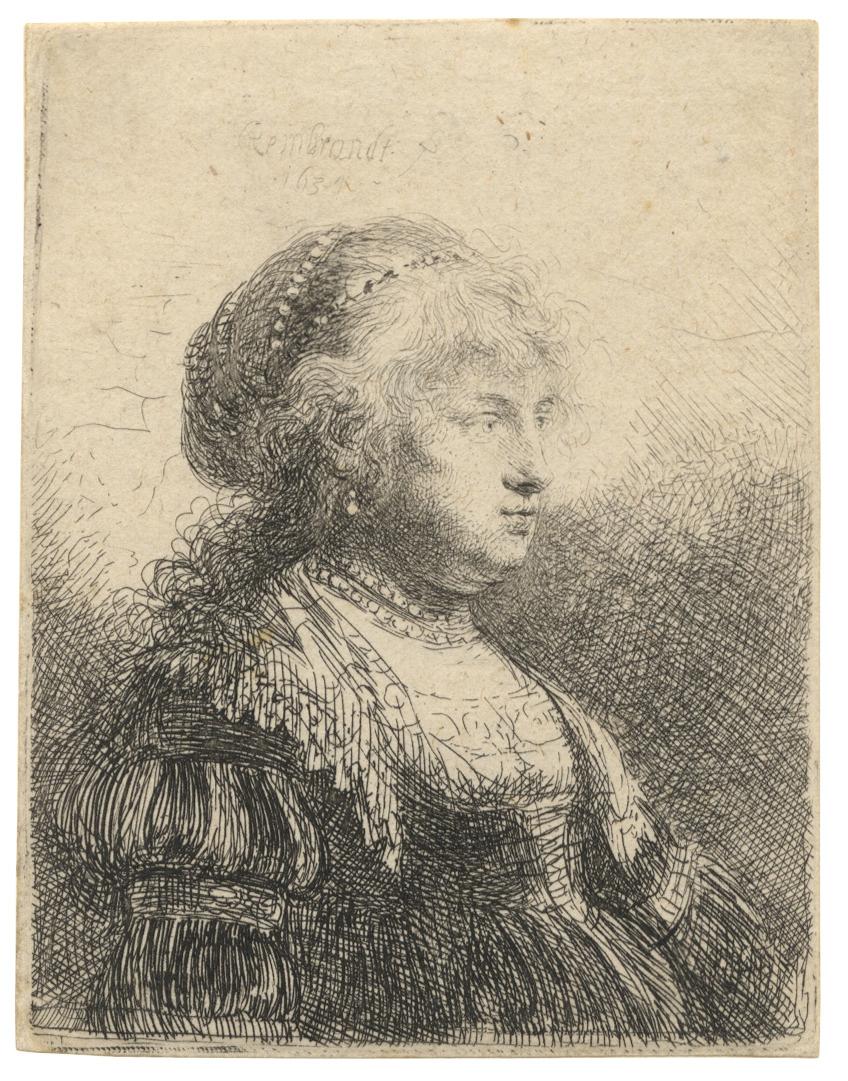 Rembrandt van Rijn Figurative Print - Saskia with pearls in her hair