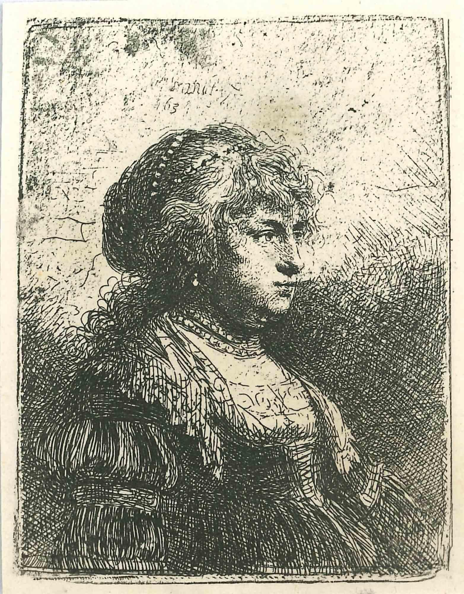 Portrait Print de Charles Amand Durand - Saskia con la perla - Grabado según Rembrandt - Finales del siglo XIX