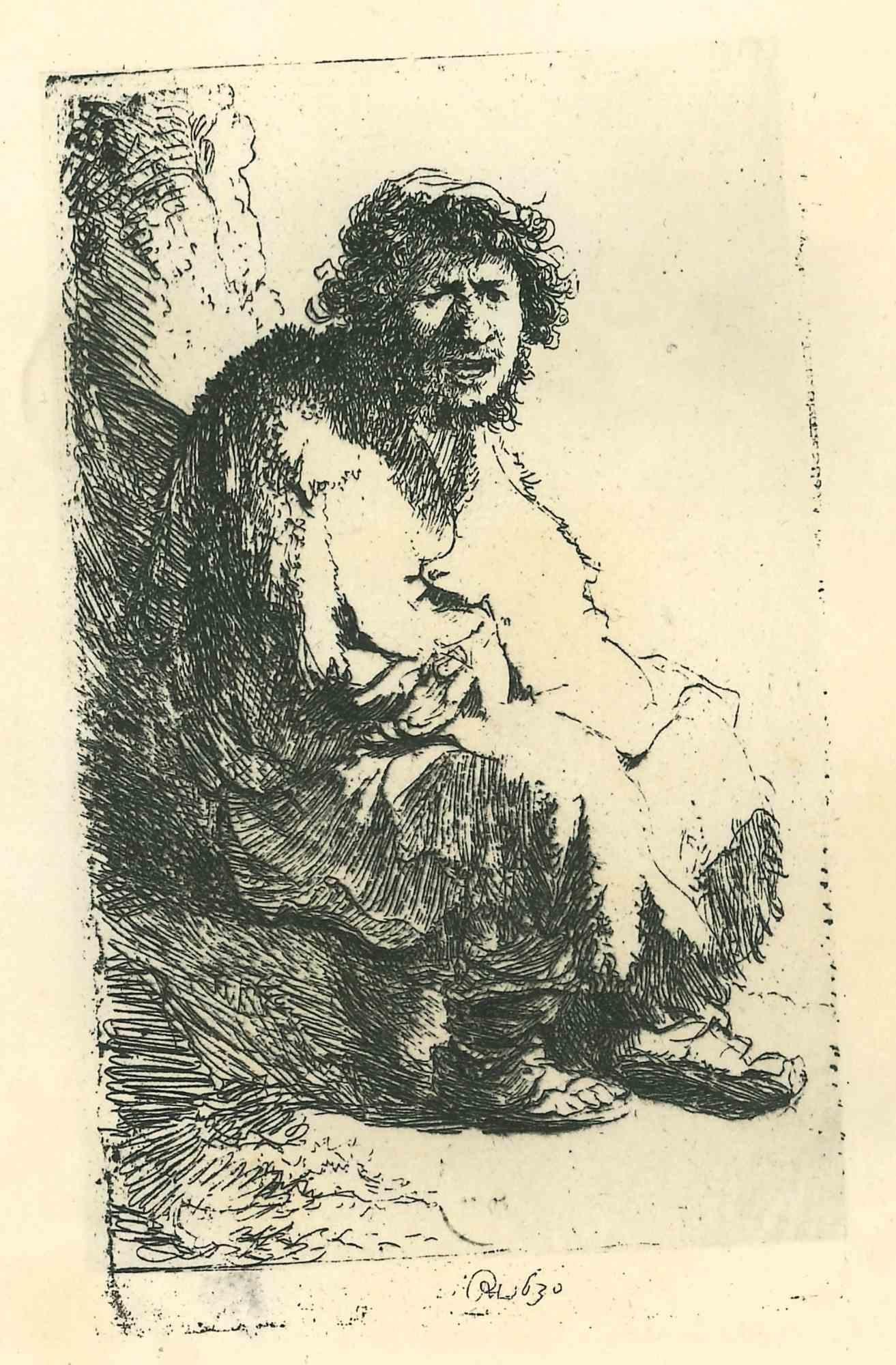 Rembrandt van Rijn Portrait Print - Seated Beggar - Etching After Rembrandt - 19th Century