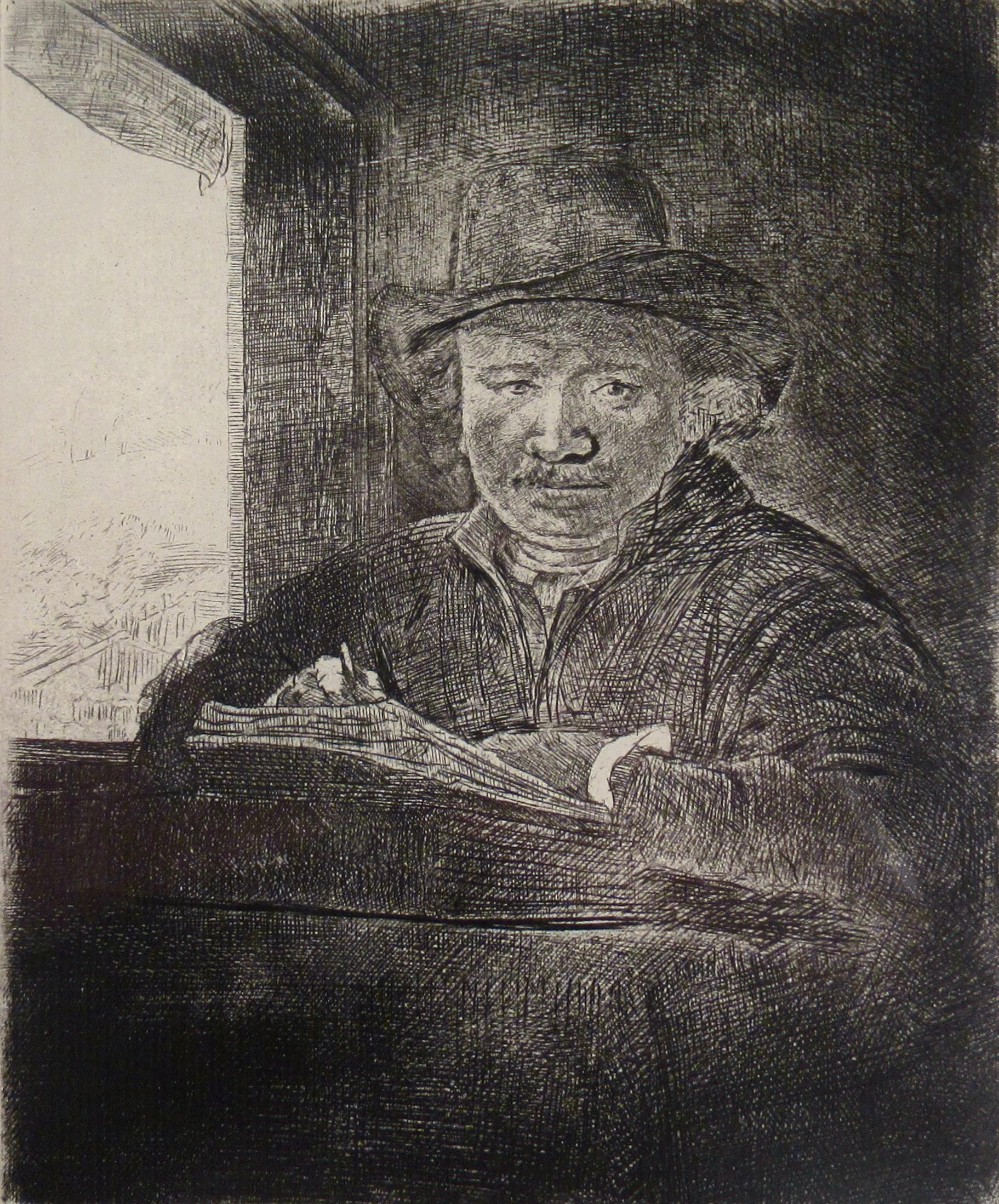 Self Portrait, Drawing at the Window - Old Masters Print by Rembrandt van Rijn