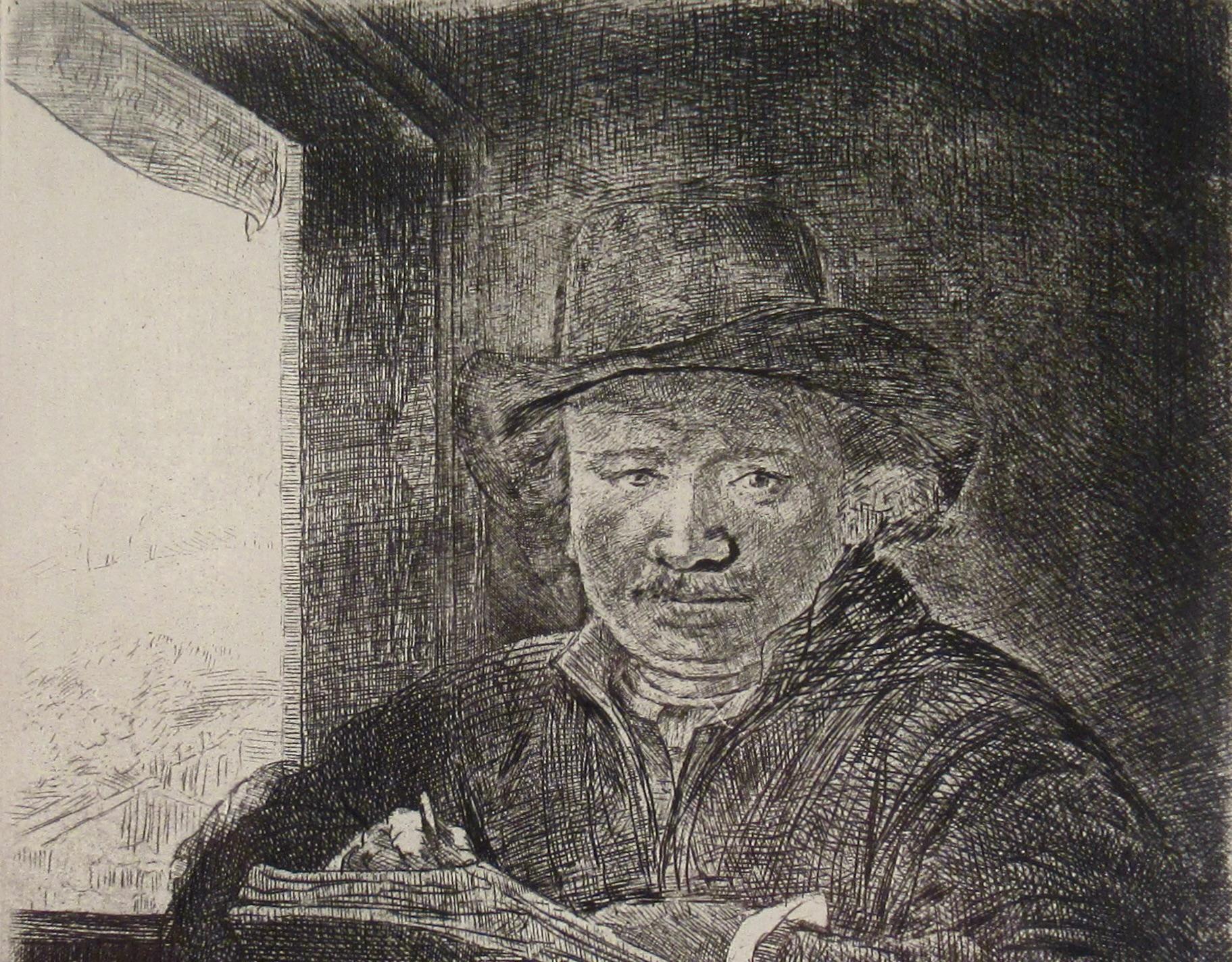 Self Portrait, Drawing at the Window - Beige Figurative Print by Rembrandt van Rijn
