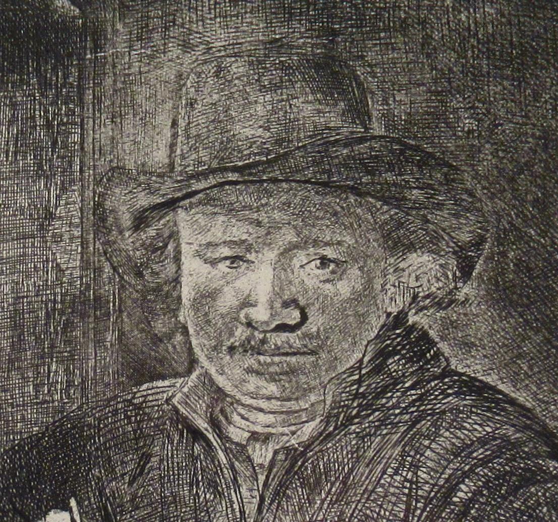 Artist:  Rembrandt Van Rijn (Dutch, 1606-1669)
Title:  Self Portrait, Drawing at the Window
Year:  1648
Medium:	Etching
Paper:  Verge paper
Image (plate mark) size:  6.35 x 5.25 inches
Framed size.  24.35 x 23.35 inches
Signature:  Signed and dated