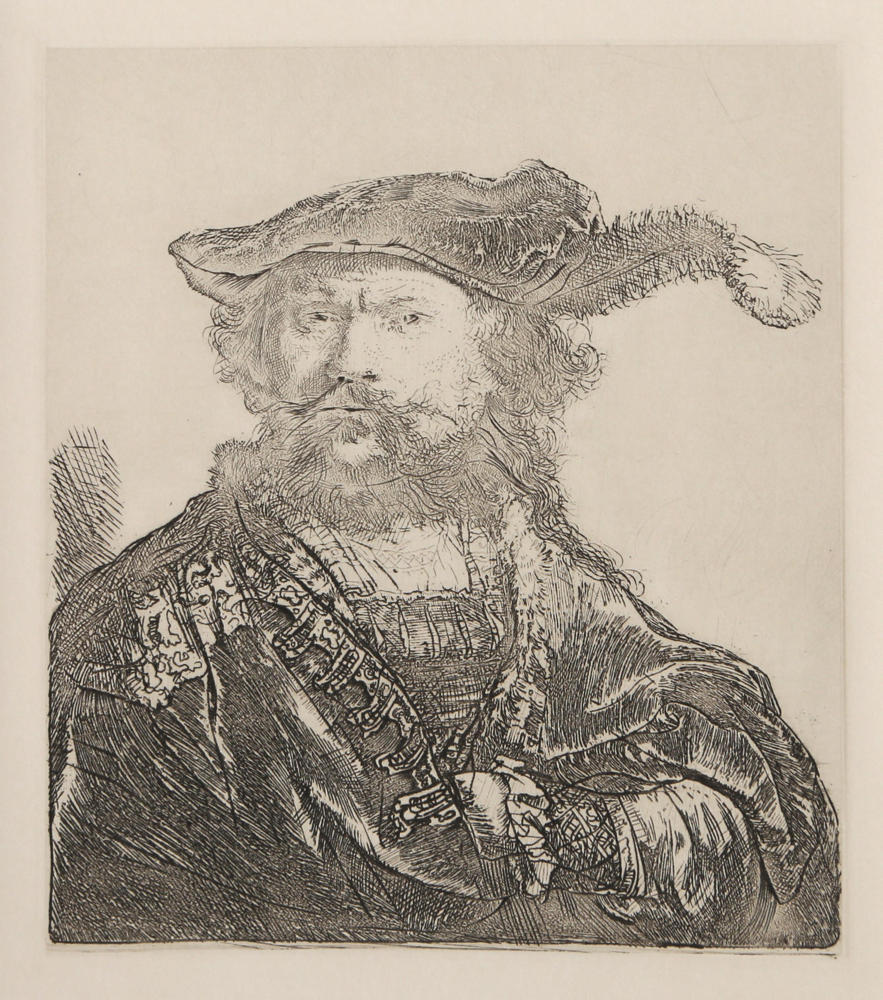  Rembrandt van Rijn, After by Amand Durand, Dutch (1606 - 1669) - Self Portrait in a Velvet Cap with Plume, Year: Of Original 1638, Medium: Etching on Somerset paper, Image Size: 5 x 4.25 inches, Size: 12.5  x 11 in. (31.75  x 27.94 cm), Printer:
