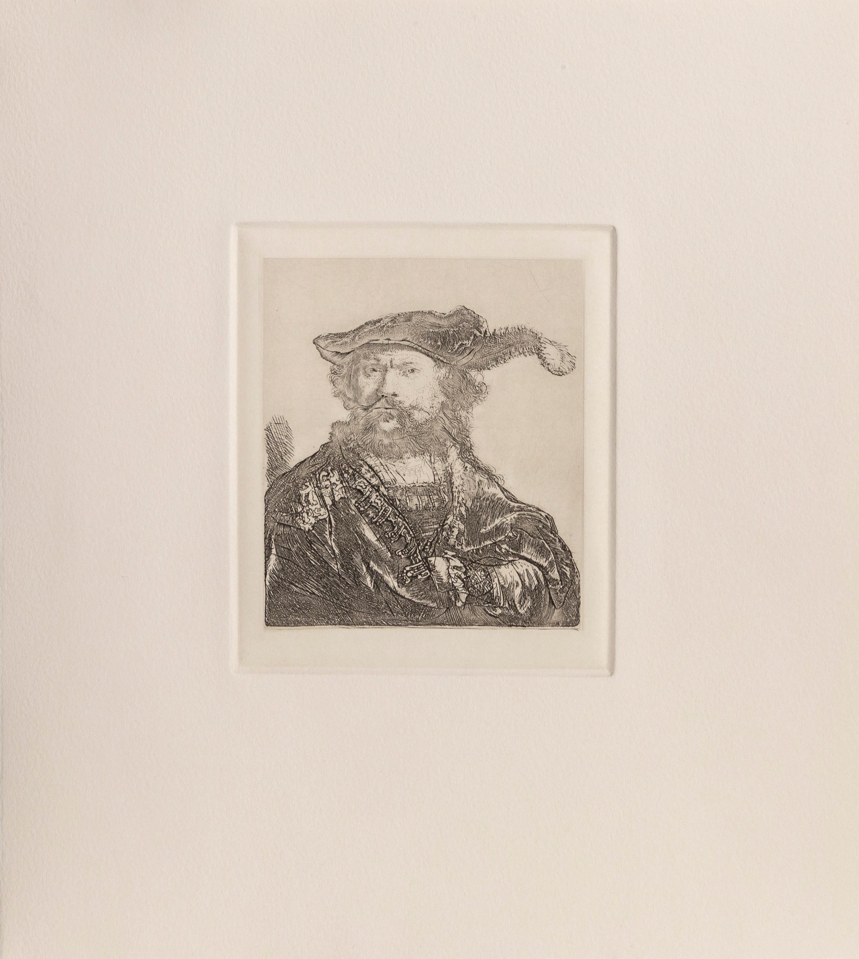 Self Portrait in a Velvet Cap with Plume, Etching on Somerset paper - Print by Rembrandt van Rijn