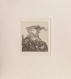 Selbstporträt in einer Samtkappe mit Pflaume, Radierung auf Somerset-Papier