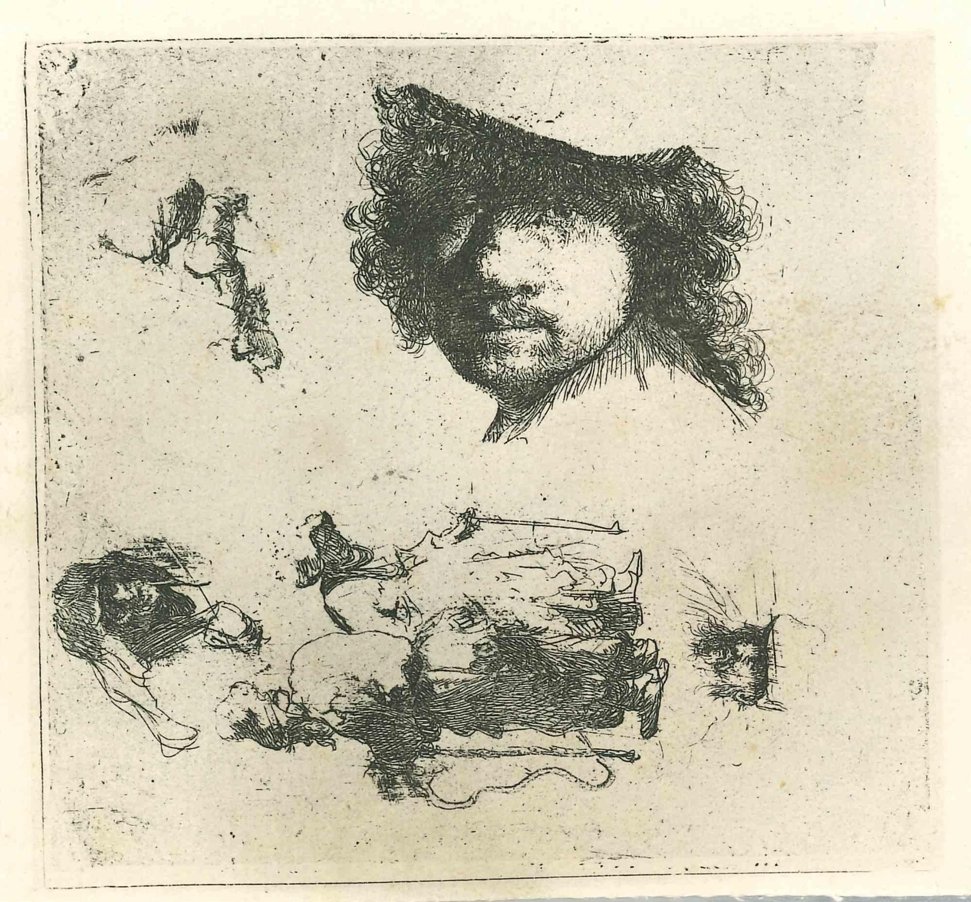 Charles Amand Durand Portrait Print - Sketch of Rembrandt's Portrait I - Engraving After Rembrandt - 19th Century