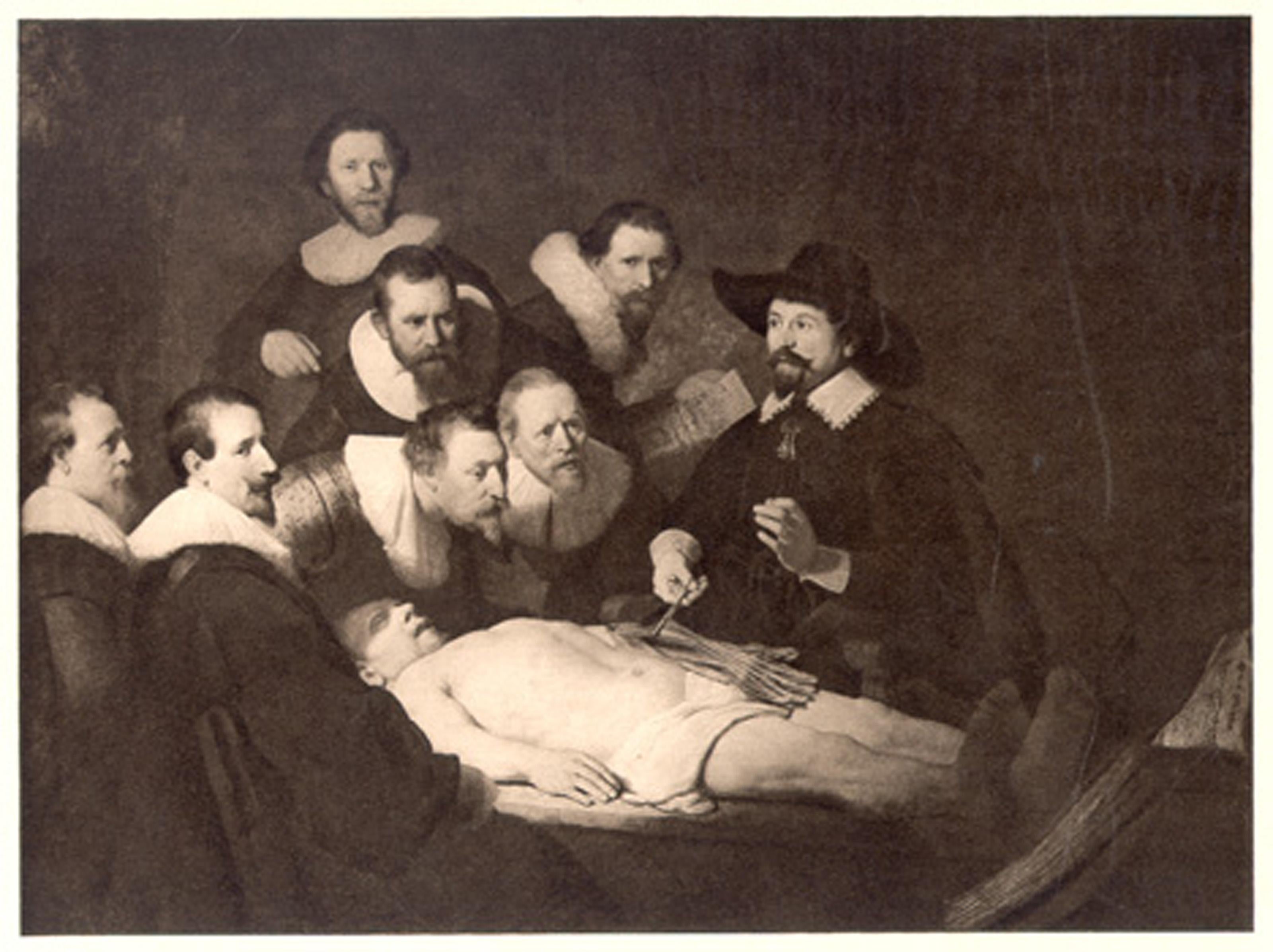  Rembrandt van Rijn, (After) de Bredius, holandés (1606 - 1669) -  La Lección Anatómica, Año: del Original 1632 (Publicado 1906), Medio: Fotograbado, Tamaño: 10  x 14 in. (25.4  x 35,56 cm), Impresor: Abraham Bredius, Descripción: De una carpeta de