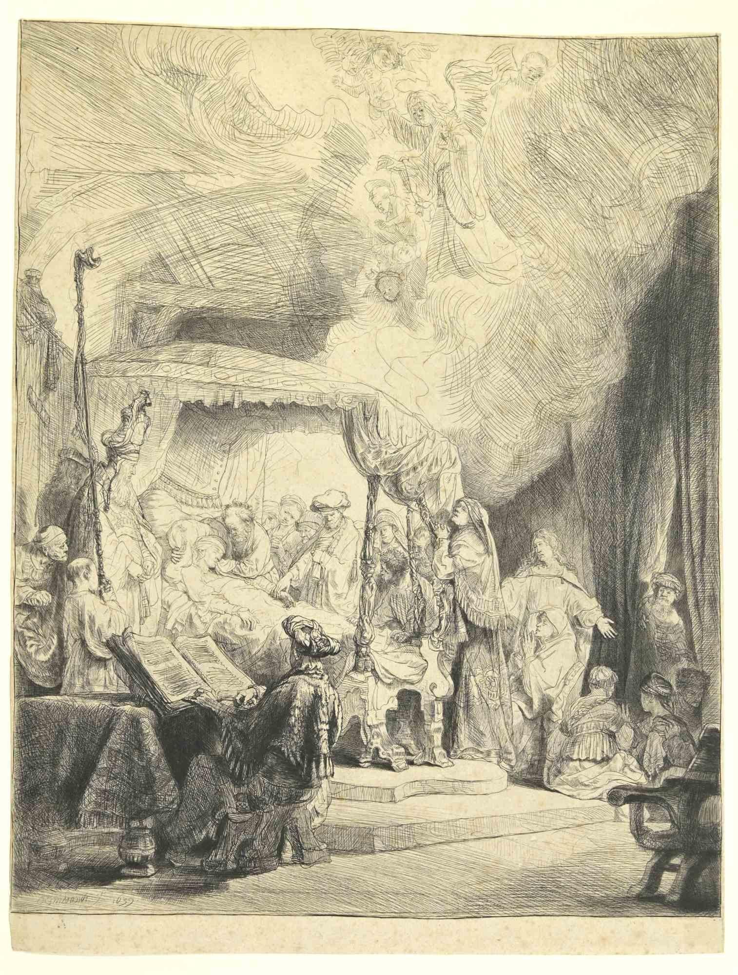 Rembrandt van Rijn Figurative Print - The Death of the Virgin - Etching by Rembrandt - 1639