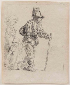 Antique The Family of Peasants Walking - Etching by Rembrandt - 1652ca