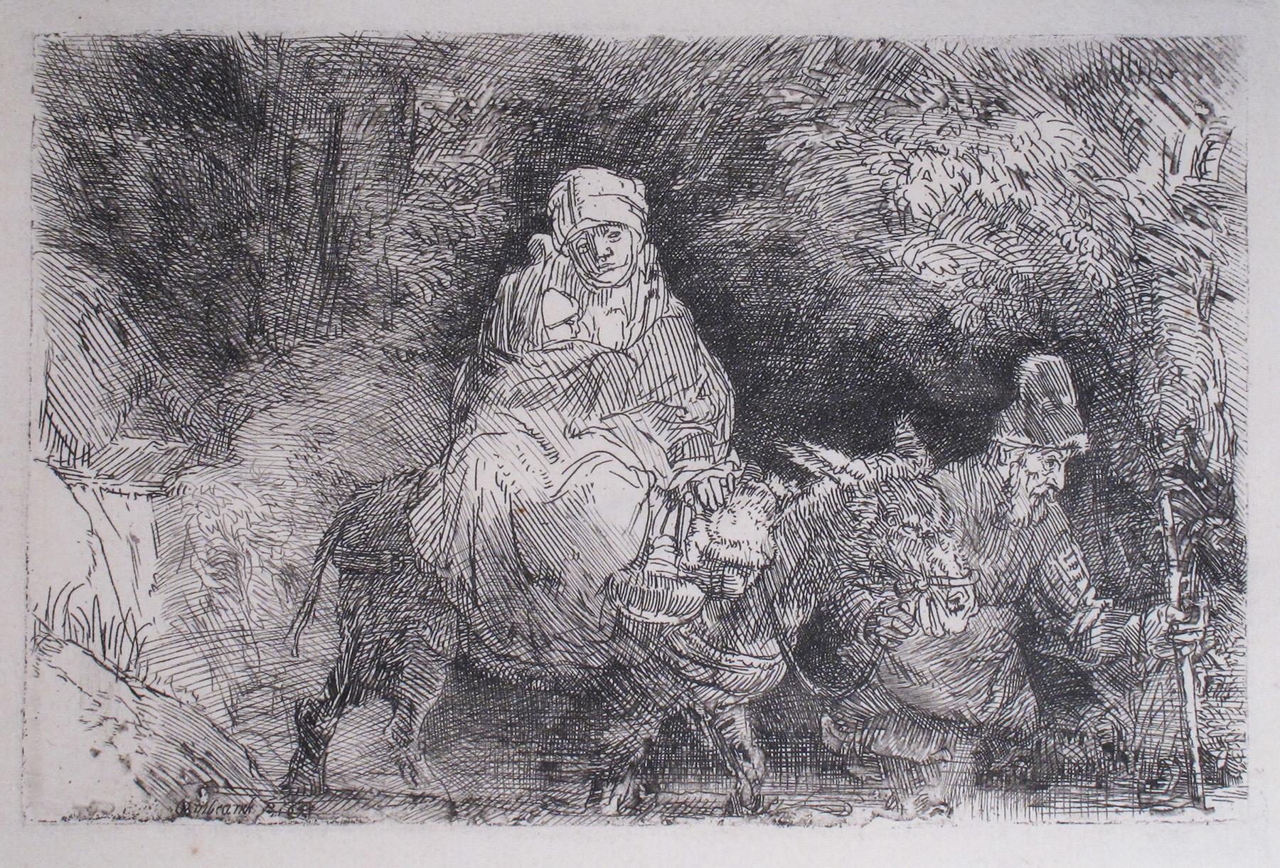 Rembrandt van Rijn Figurative Print - The Flight into Egypt, Crossing over a Creek