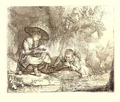 Antique The Flute Player (l'Espiegle), Etching by Rembrandt van Rijn