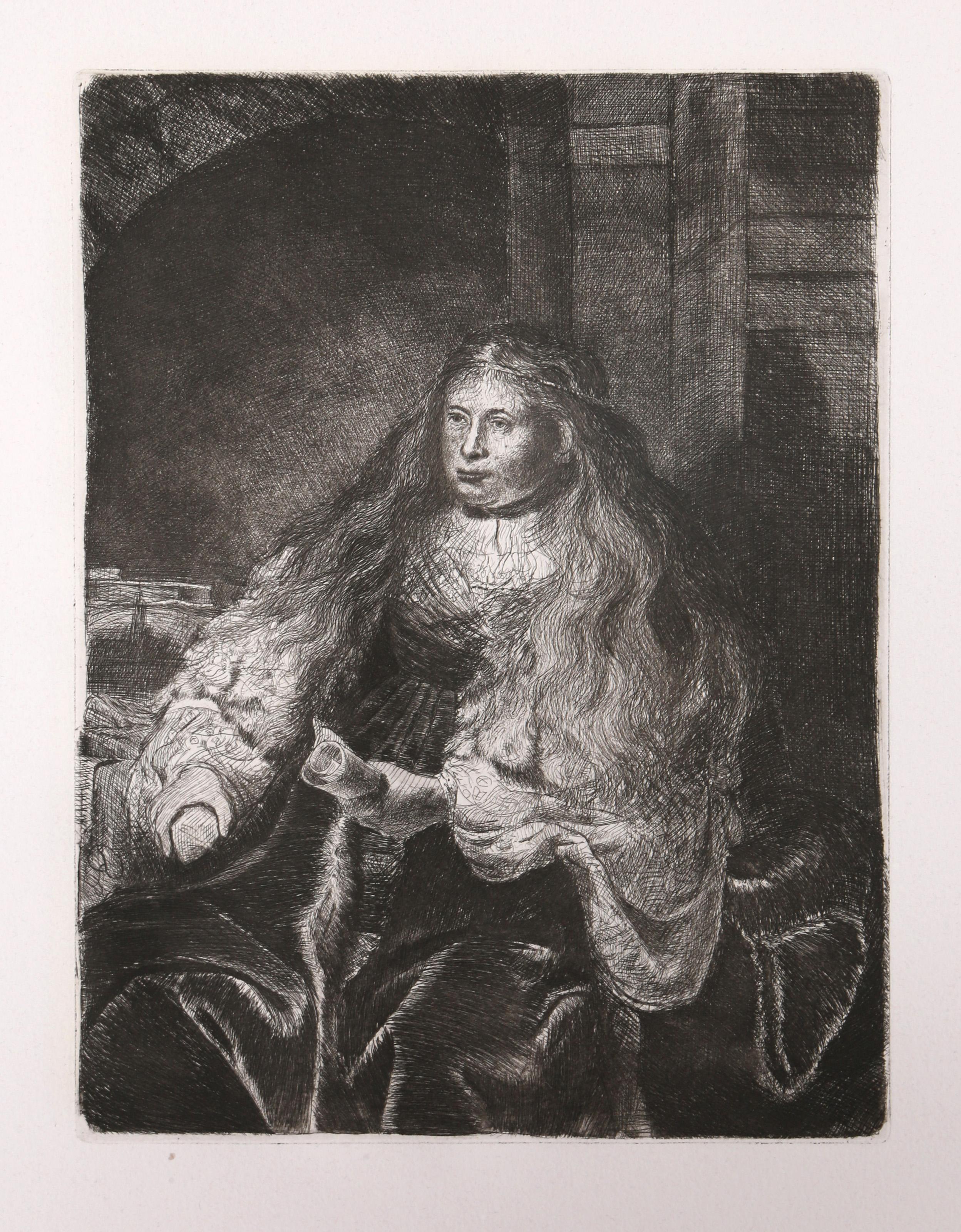 Künstler: Rembrandt van Rijn, nach Amand Durand, Niederländer (1606 - 1669) -  Die große jüdische Braut (B340), Jahr: des Originals 1635, Medium: Radierung auf Büttenpapier, Bildformat: 12 x 9 Zoll, Größe: 26  x 20 in. (66.04  x 50,8 cm), Drucker: