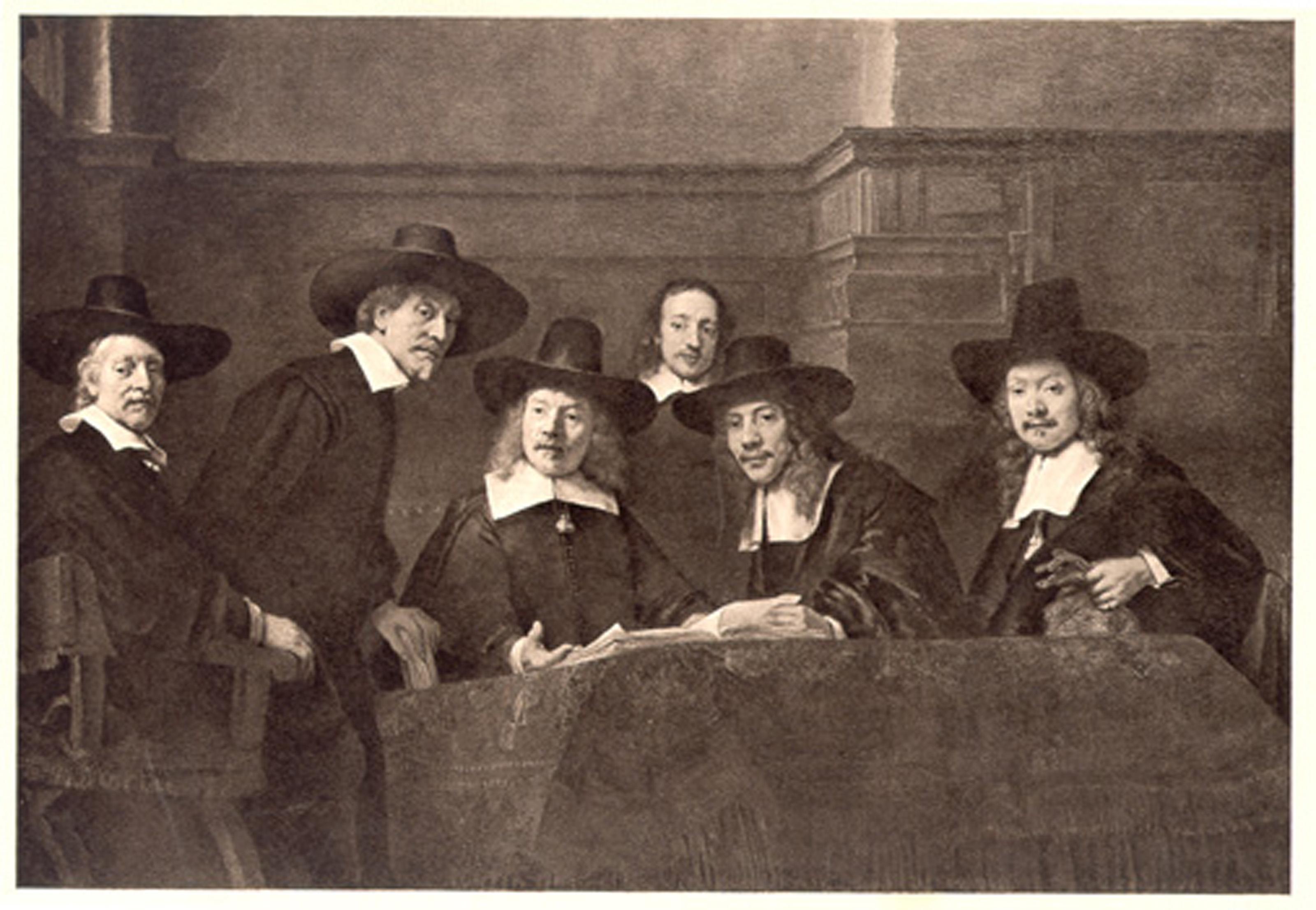  Rembrandt van Rijn, (After) de Bredius, holandés (1606 - 1669) -  Los Maestros del Gremio, Año: del Original: 1661 (impreso en 1906), Medio: Fotograbado, Tamaño: 10  x 14 in. (25.4  x 35,56 cm), Impresor: Abraham Bredius, Descripción: De una