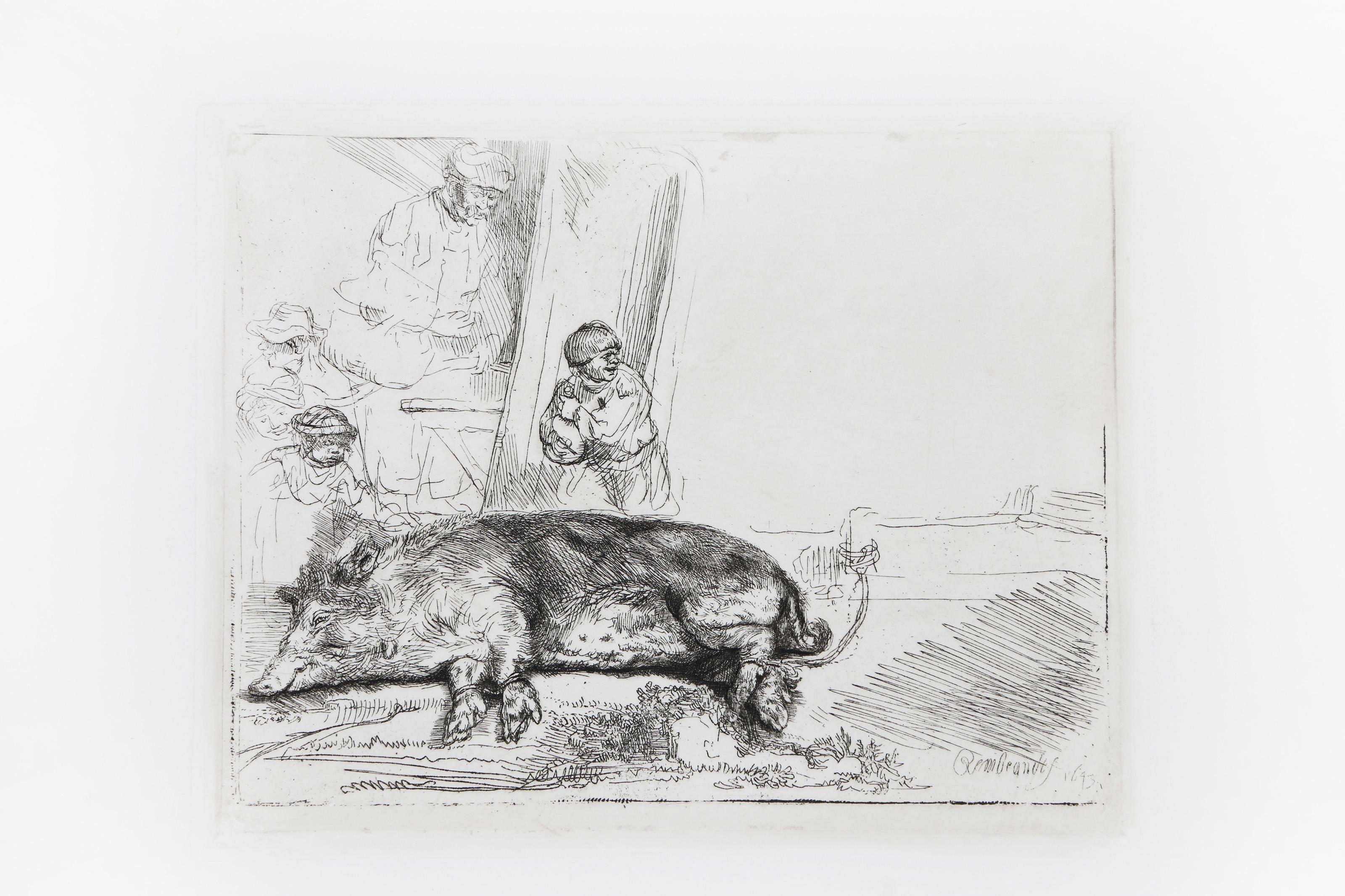  Rembrandt van Rijn, After by Amand Durand, Dutch (1606 - 1669) - The Hog, Year: Of Original 1643, Medium: Etching on Rives, Image Size: 6 x 7.25 inches, Size: 12  x 13 in. (30.48  x 33.02 cm), Printer: Amand Durand, Description: In this print,