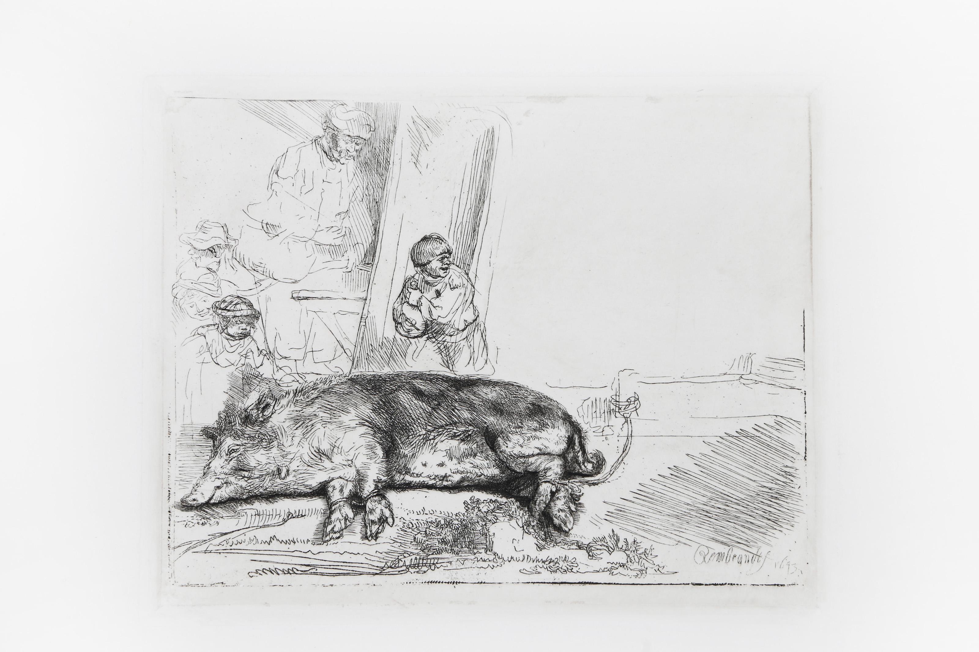  Rembrandt van Rijn, D'après Amand Durand, Néerlandais (1606 - 1669) - Le porc, Année : De l'original 1643, Médium : Gravure sur Rives, Taille de l'image : 6 x 7.25 pouces, Taille : 12  x 13 in. (30.48  x 33,02 cm), Imprimeur : Amand Durand,