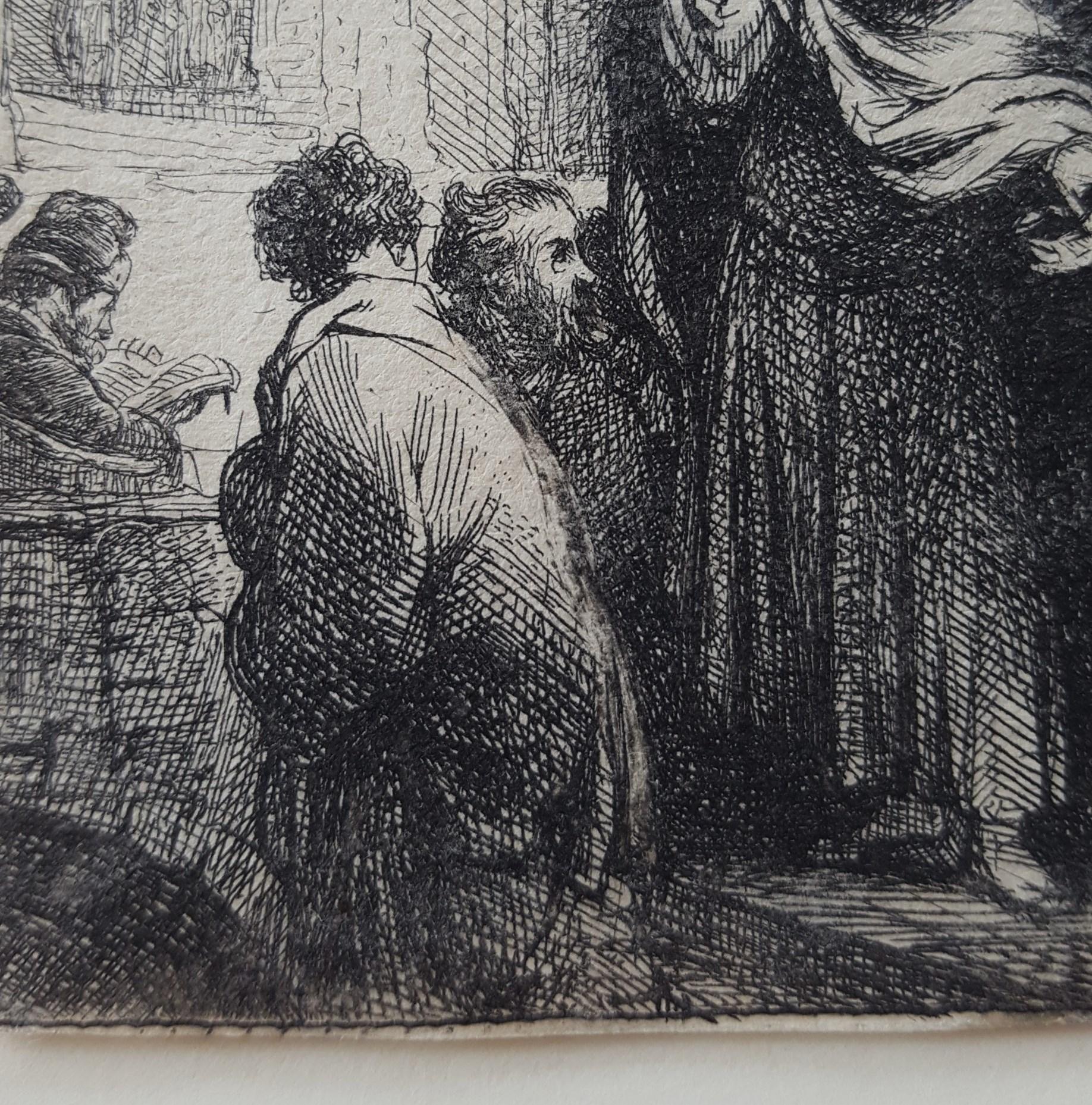 An original etching on laid paper by Dutch artist Rembrandt Harmenszoom van Rijn (1606-1669) titled “The Tribute Money”, c. 1635. A later impression of New Hollstein’s second state (of four). Scene: Matthew 22:15-22. Printed and published in