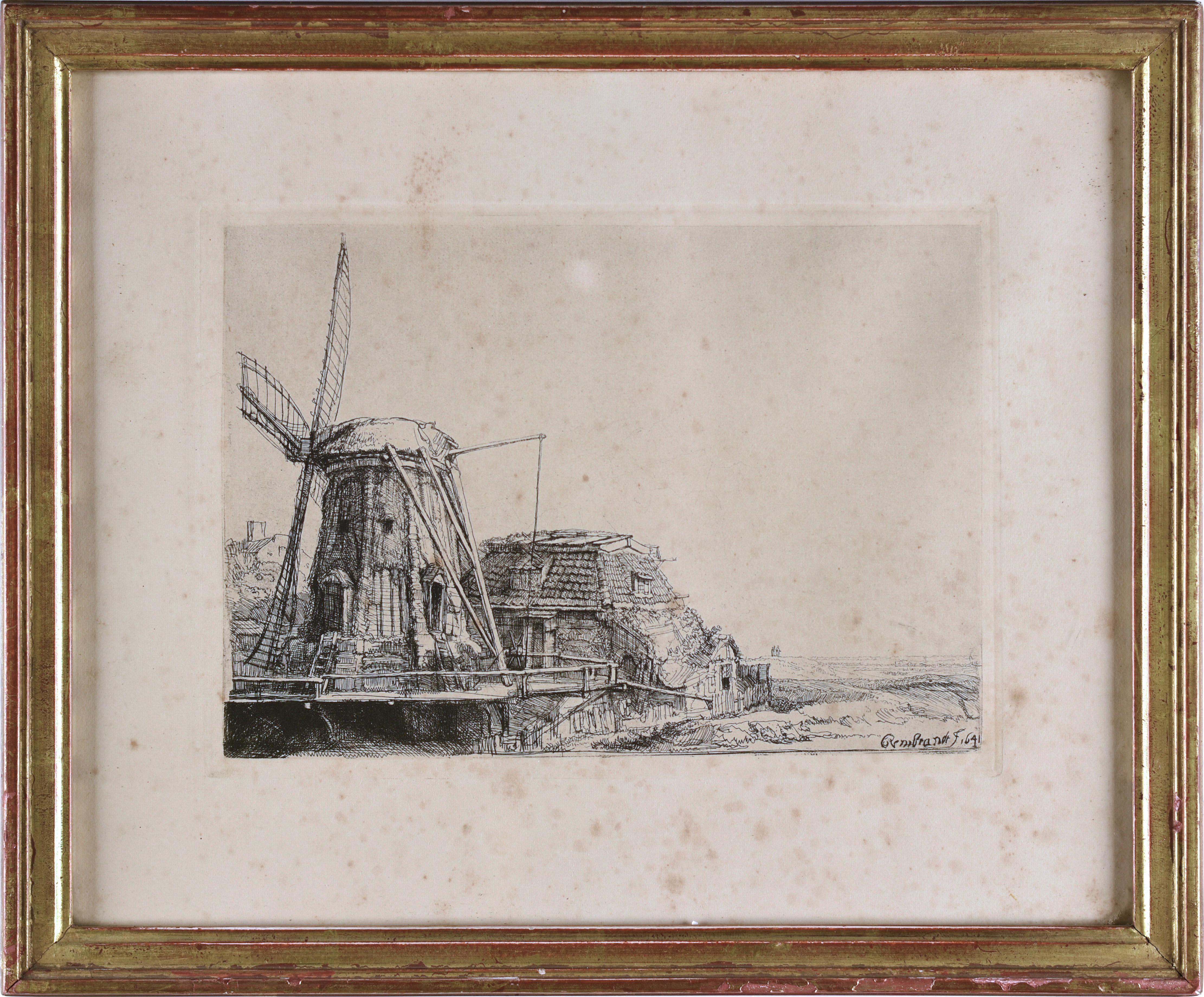 Rembrandt van Rijn Landscape Print - The Windmill (1641), Rembrandt engraving