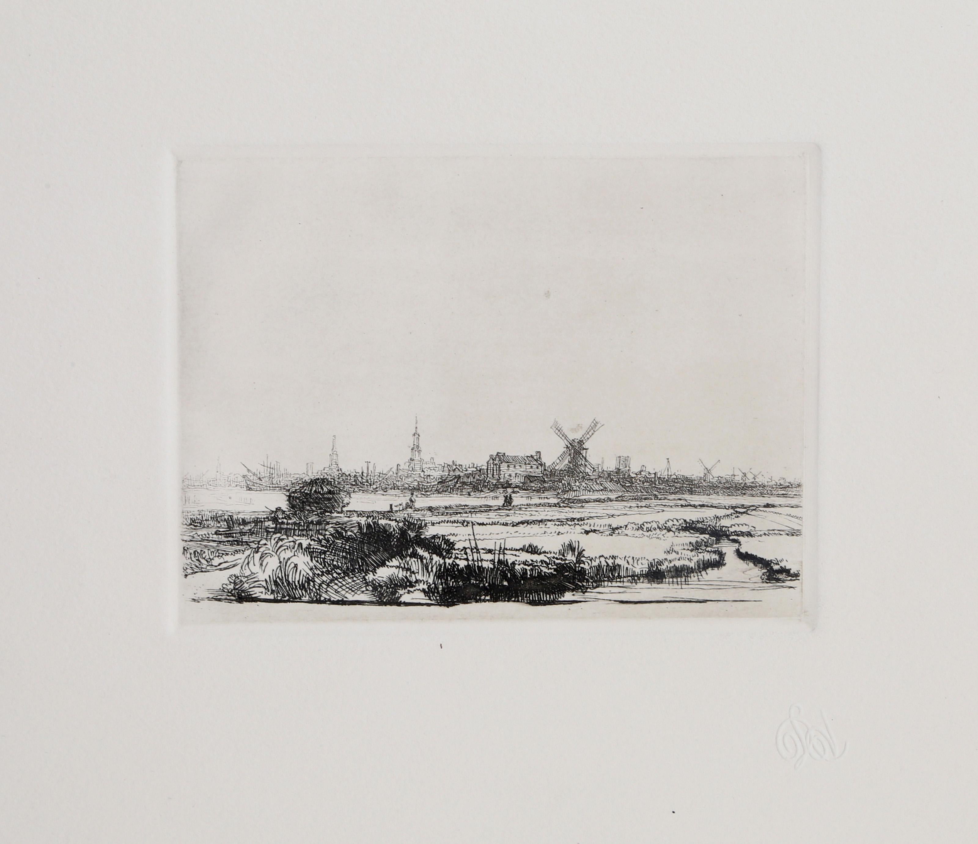 Rembrandt van Rijn Print – Ansicht von Amsterdam aus dem Nordwesten (B212), Radierung, verso labelt von Rembrandt