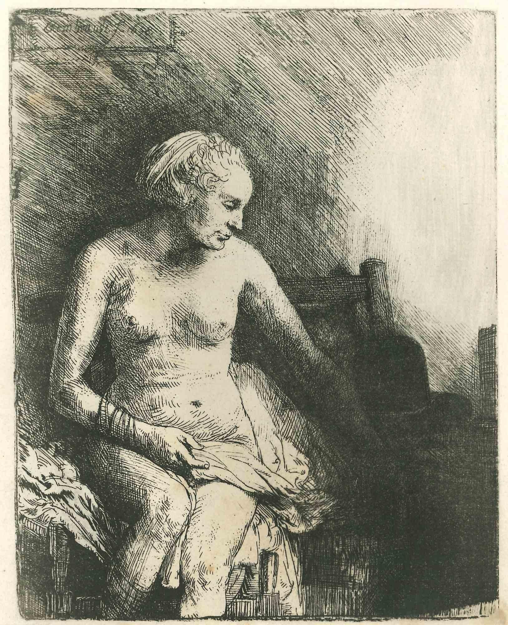 Charles Amand Durand Figurative Print - Woman in the Bathroom I - Engraving After Rembrandt - 19th Century