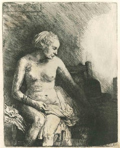 Antique Woman in the Bathroom I - Engraving After Rembrandt - 19th Century