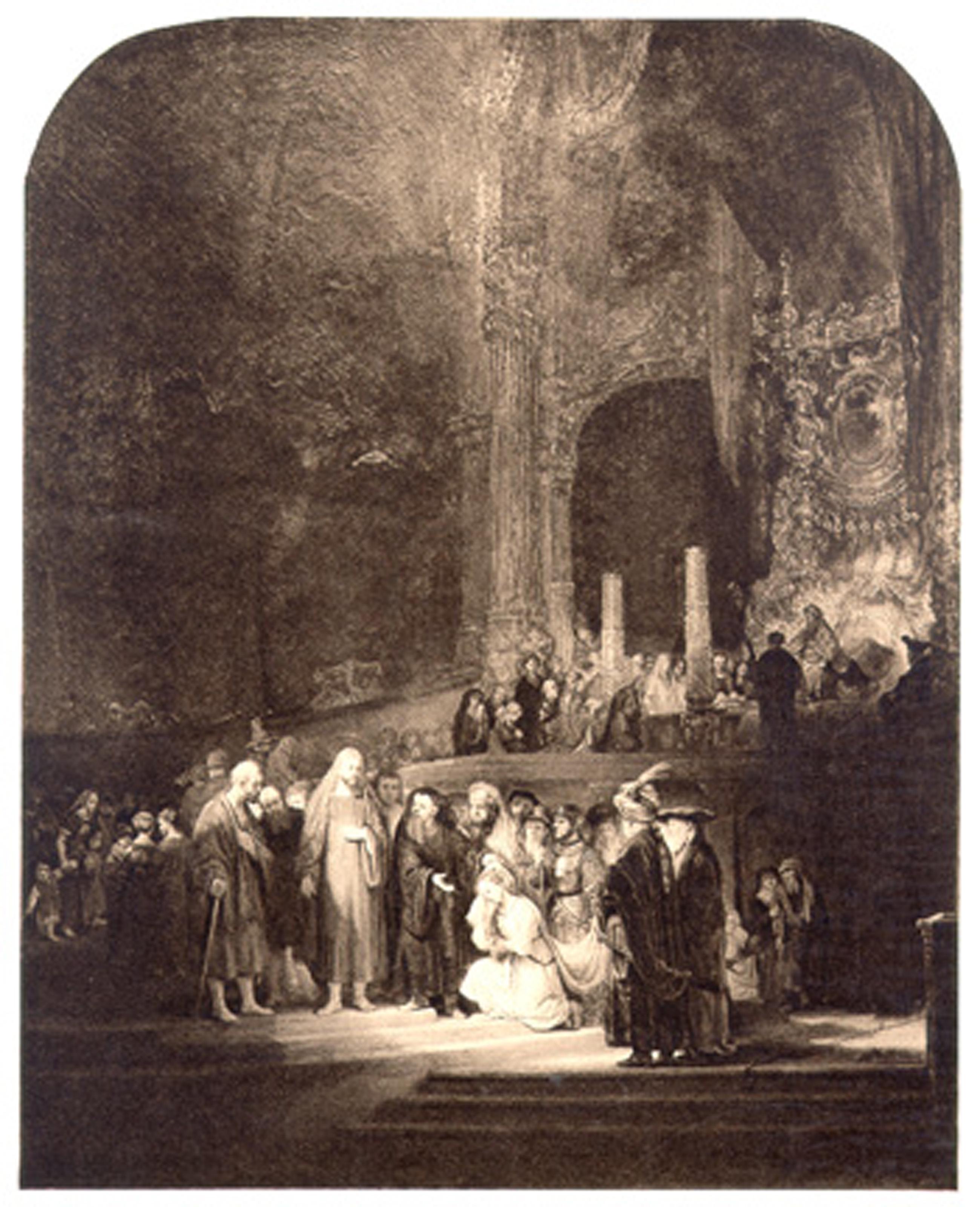  Rembrandt van Rijn, (After) de Bredius, holandés (1606 - 1669) -  Mujer sorprendida en adulterio, Año: 1906  Fecha del original 1644, Medio: Fotograbado, Tamaño: 14  x 10 in. (35.56  x 25,4 cm), Impresor: Abraham Bredius, Descripción: De una