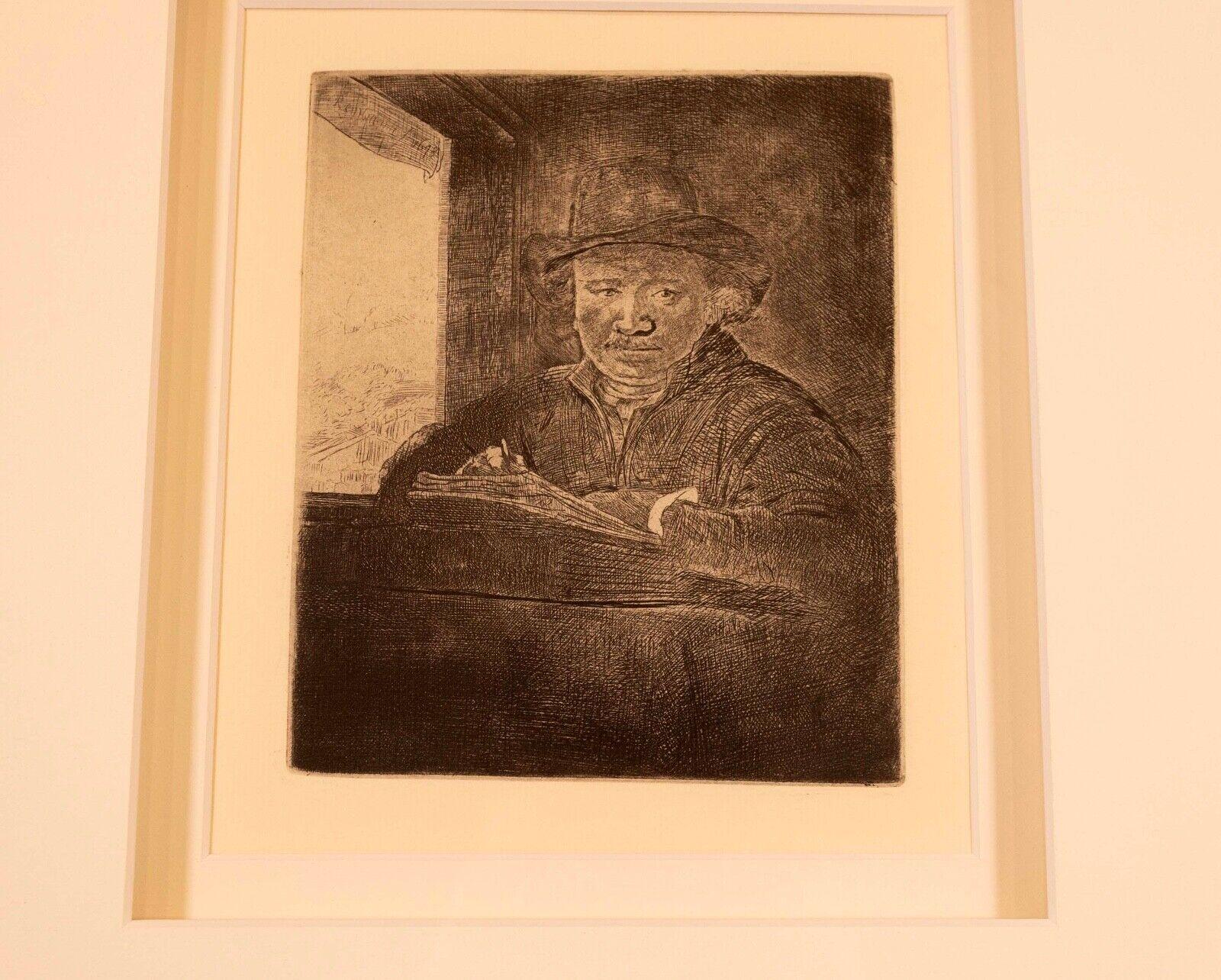 Mid-17th Century Rembrandt Van Rijn Self Portrait Drawing at Window 1648 Etching Millenium Ed. For Sale