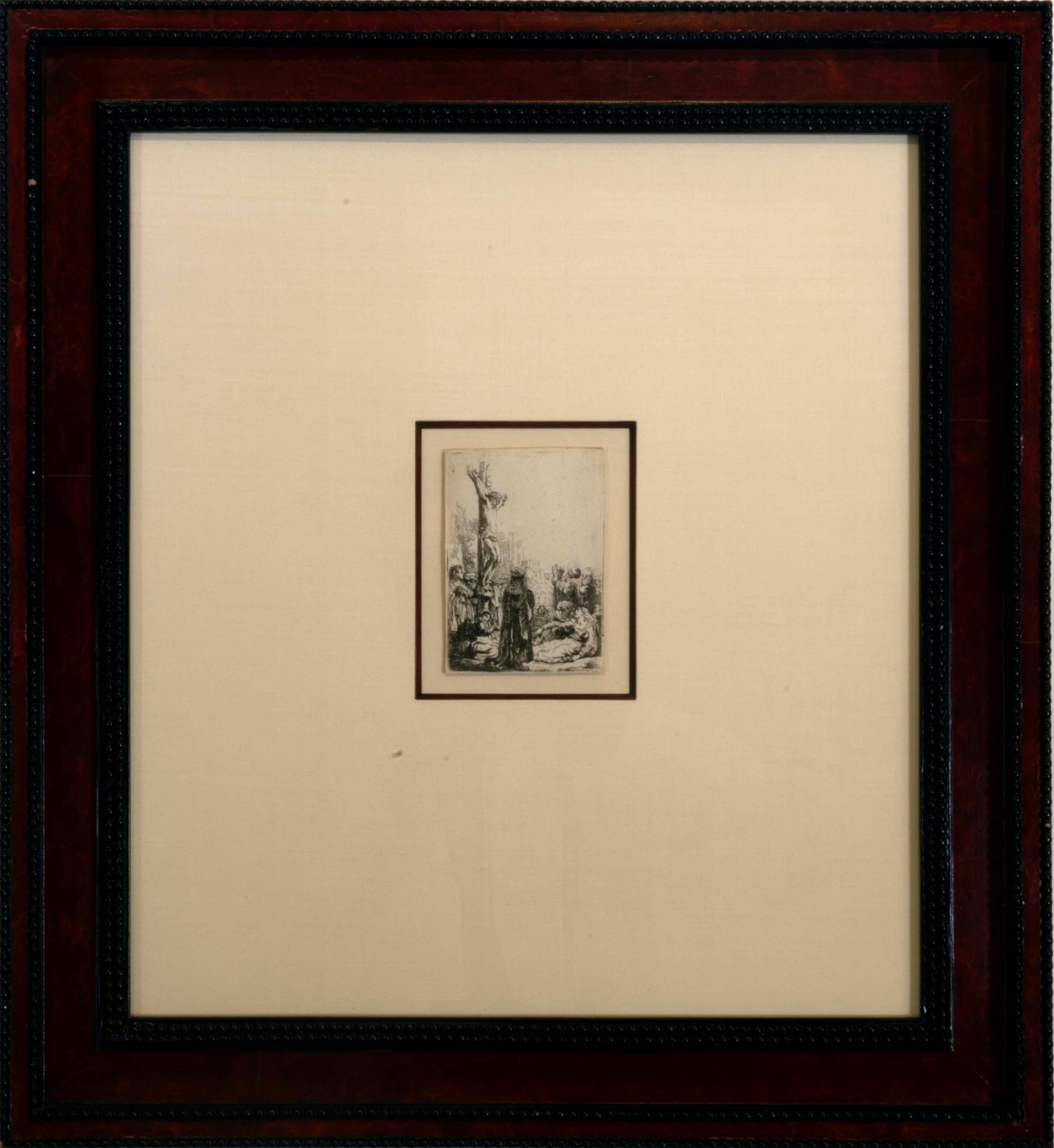 A religious etching with tiny margin on paper titled “The Crucifixion: The Small Plate” (B. 80, H. 123, BB. 35-I) by Rembrandt van Rijn, 1635. Signed, Rembrandt f. Haarlem, top center. Only state, exquisite print with delicate tones. This is a