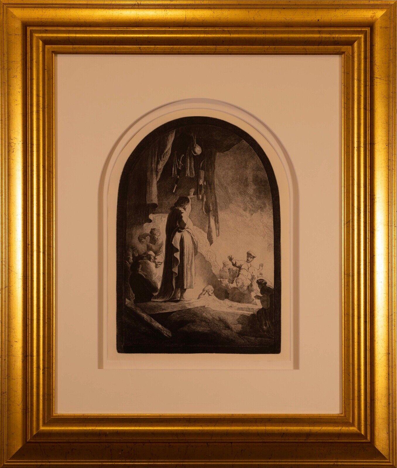 
A spiritual etching on Ingres d’Arches off-white laid paper paper titled “The Raising of Lazarus” by Rembrandt Van Rijn. Created circa 1630. A 20th/21st Century impression printed by Marjorie Van Dyke. From the “Millenium” edition limited to 2500
