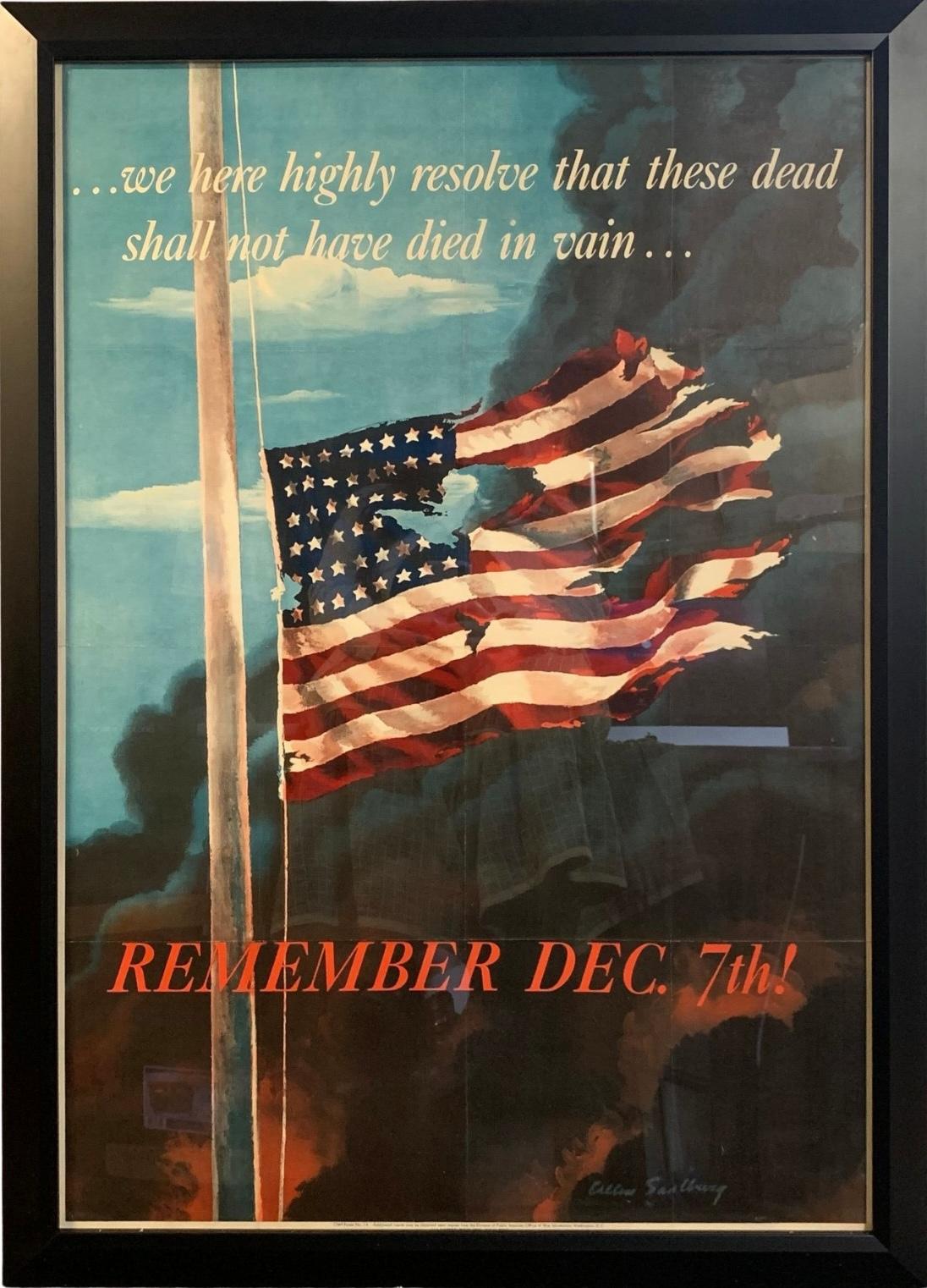 This is an original WWII poster by Allen Saalburg, published in 1942.  The poster features a tattered American flag at half-mast, with billowing smoke, flames, and a partially obscured blue sky behind it. At top and bottom of the poster is red and