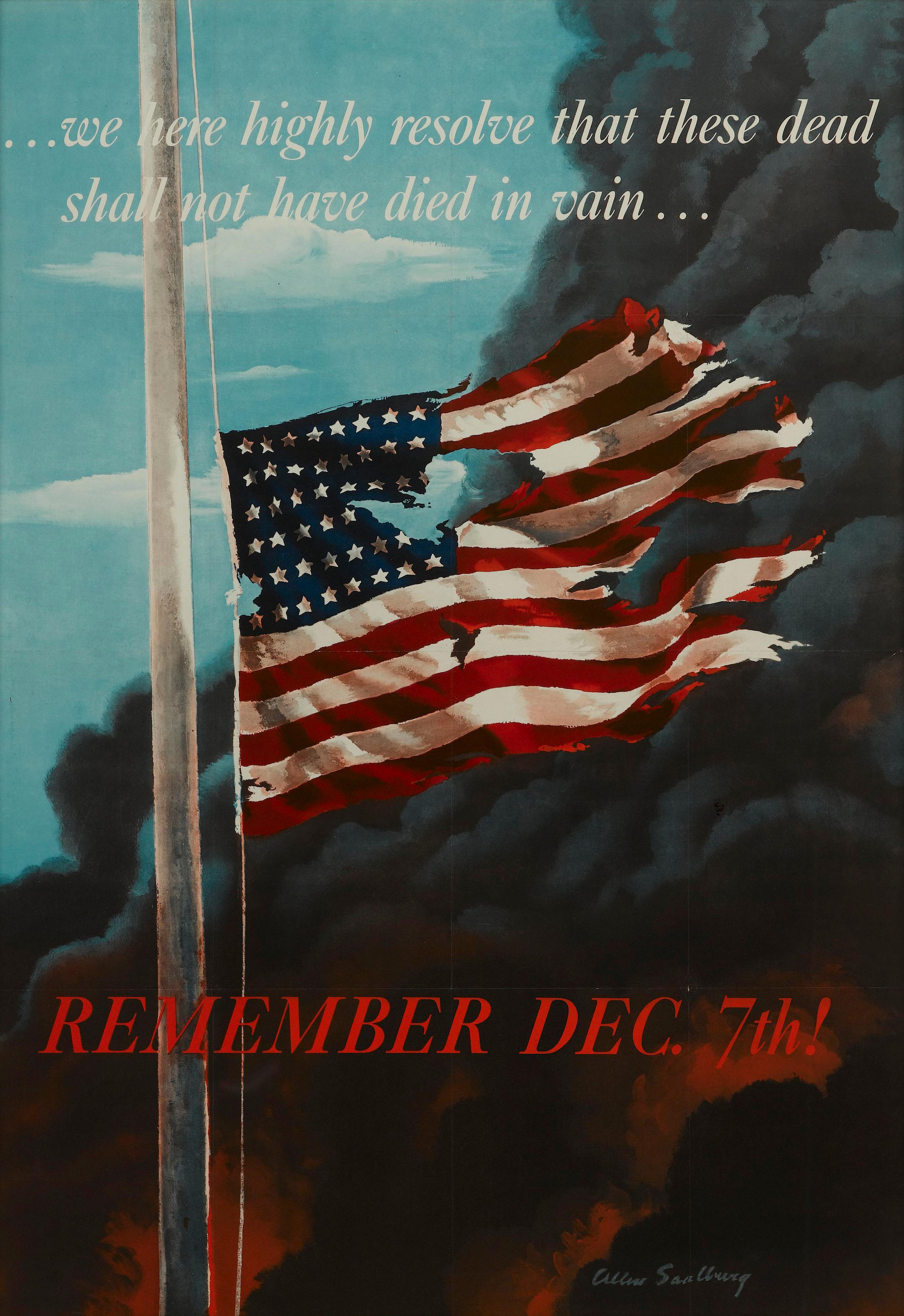 This is an original WWII poster by Allen Saalburg, published in 1942. The poster features a tattered American flag at half-mast, with billowing smoke, flames, and a partially obscured blue sky behind it. At top and bottom of the poster is red and