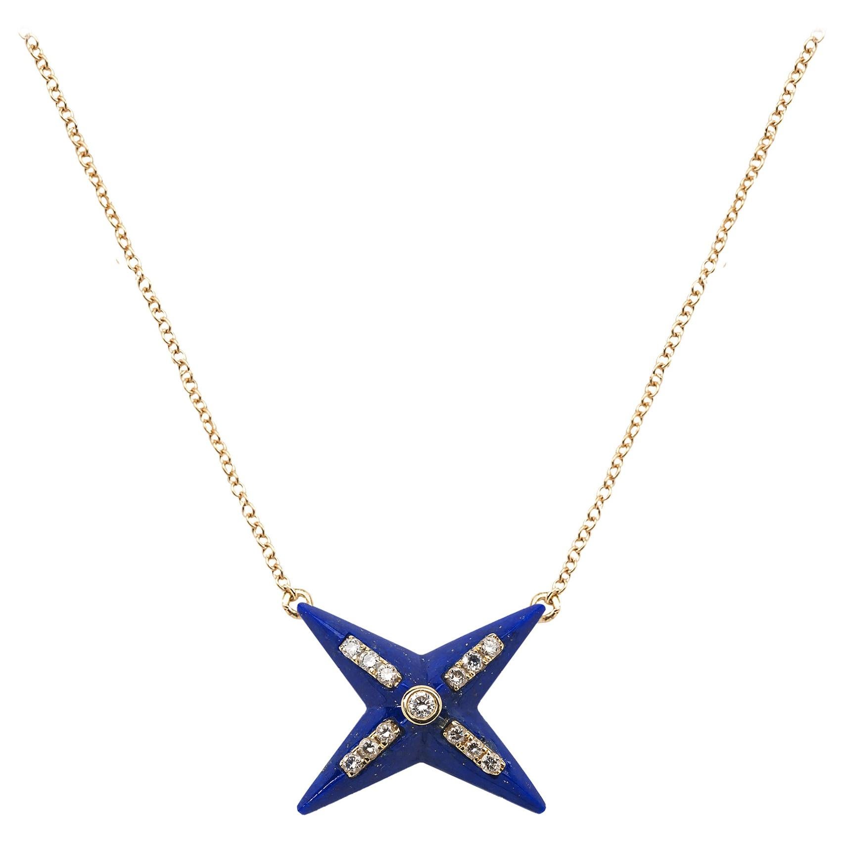Remembrance Lapis and Diamond 4 Star with Diamonds Along Spikes Charm Pendant For Sale