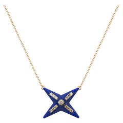 Remembrance Lapis and Diamond 4 Star with Diamonds Along Spikes Charm Pendant