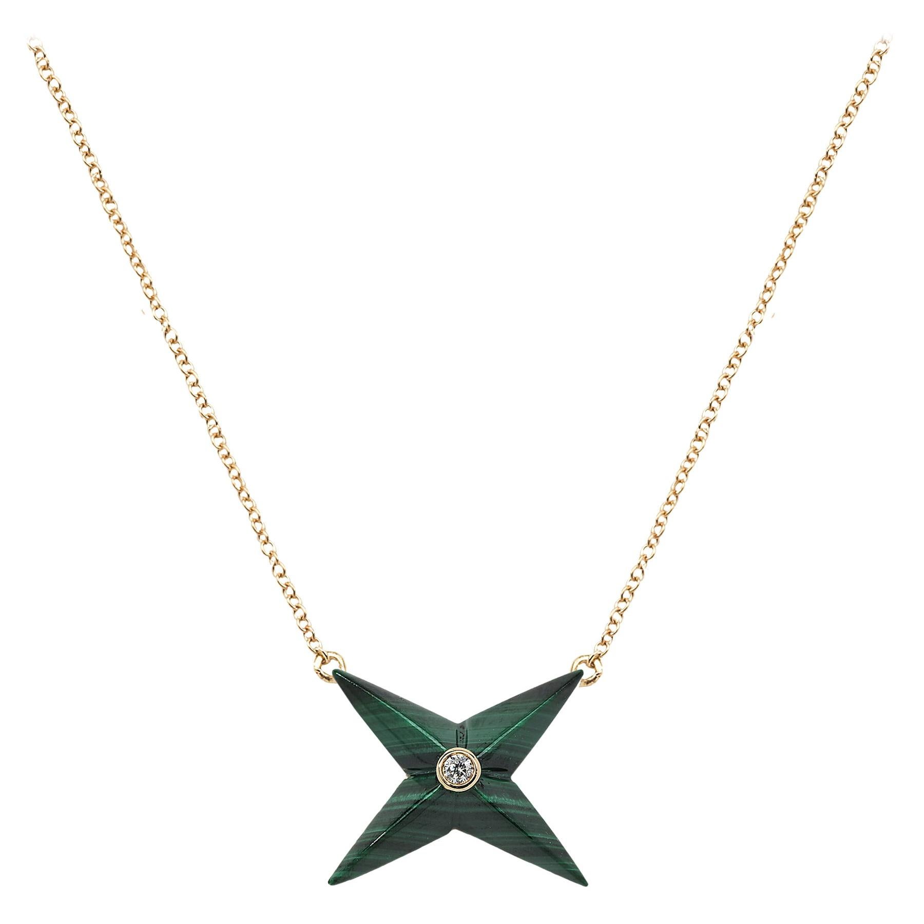 Remembrance Malachite and Diamond 4 Star Charm Pendant For Sale