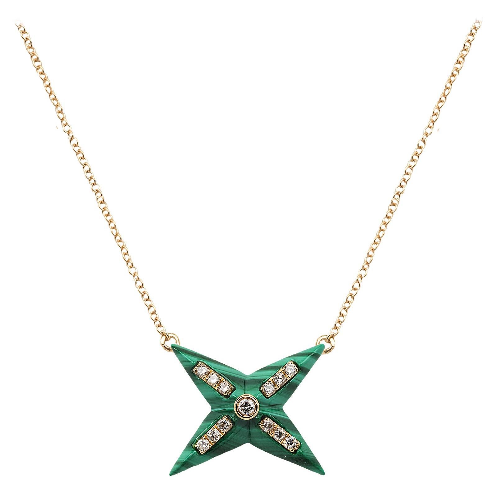 Ciondolo Remembrance in malachite e diamanti con 4 stelle e diamanti lungo le punte