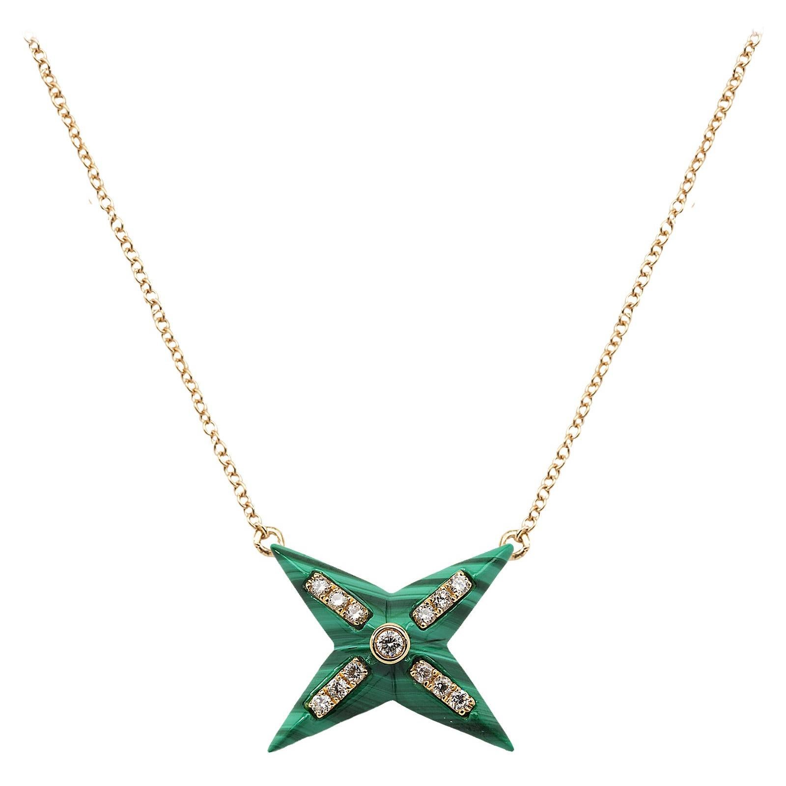 Remembrance Malachite & Diamond 4 Star with Diamonds Along Spikes Charm Pendant